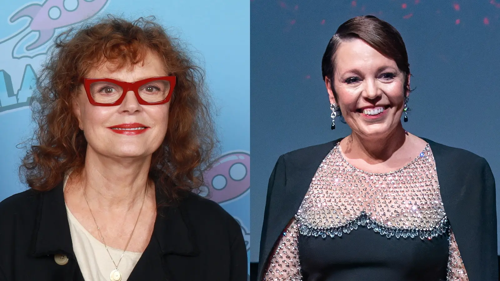 Susan Sarandon and Olivia Colman in separate press portraits.