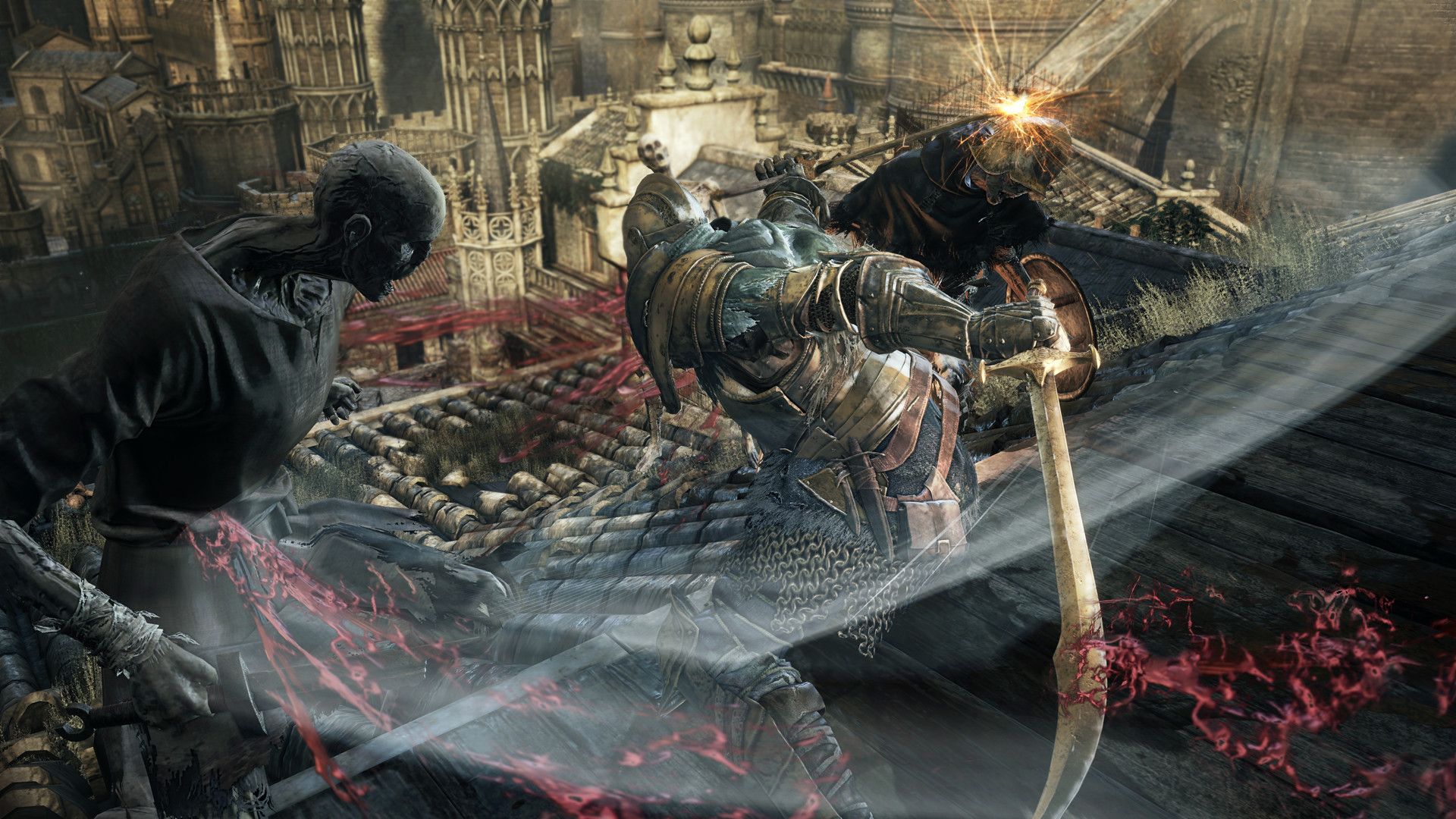 A fighter swings a blade at an enemy on a stone stairway.