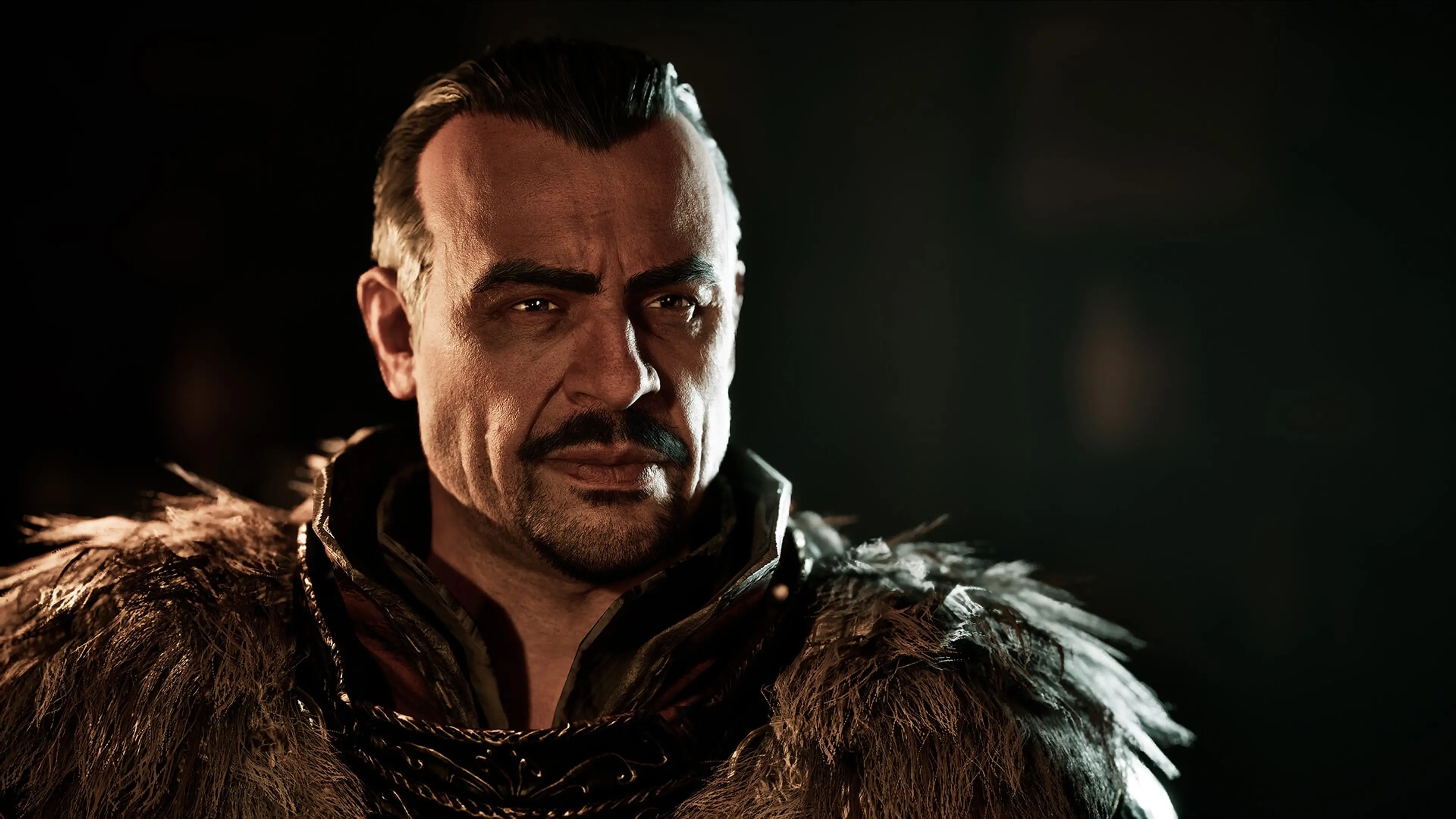 A close portrait of a man wearing fur armor.