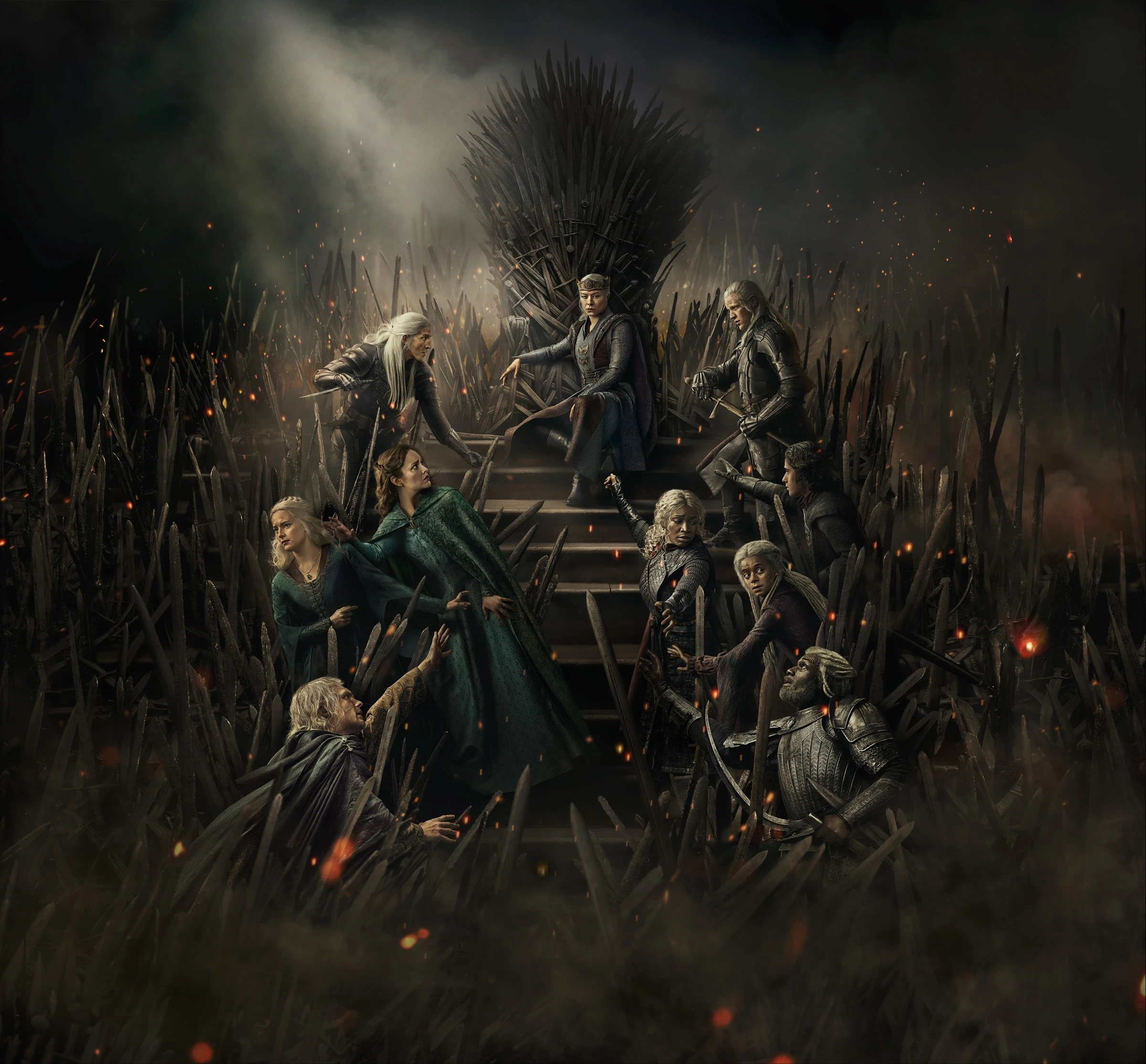 House of the Dragon promotional artwork showing Rhaenyra on the Iron Throne, surrounded by other characters.