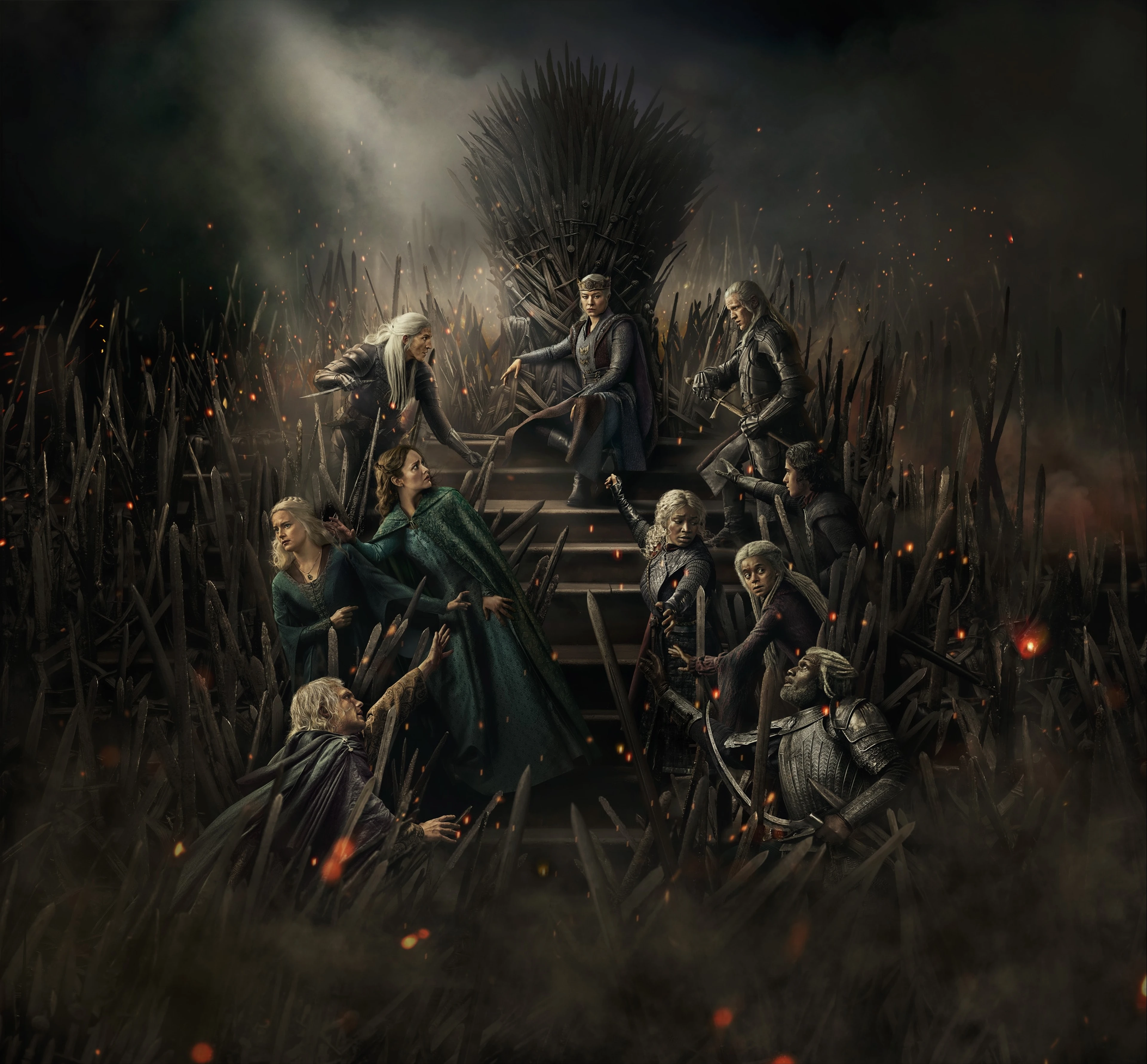 House of the Dragon promotional artwork showing Rhaenyra on the Iron Throne, surrounded by other characters.