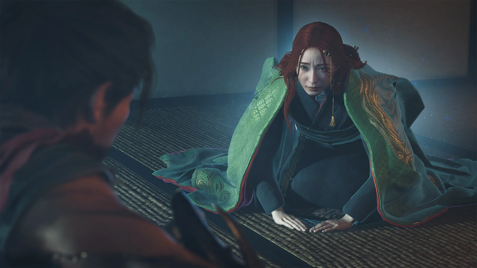 A red-haired woman kneels before Miyamoto Musashi in a dark scene from Onimusha: Way of the Sword.