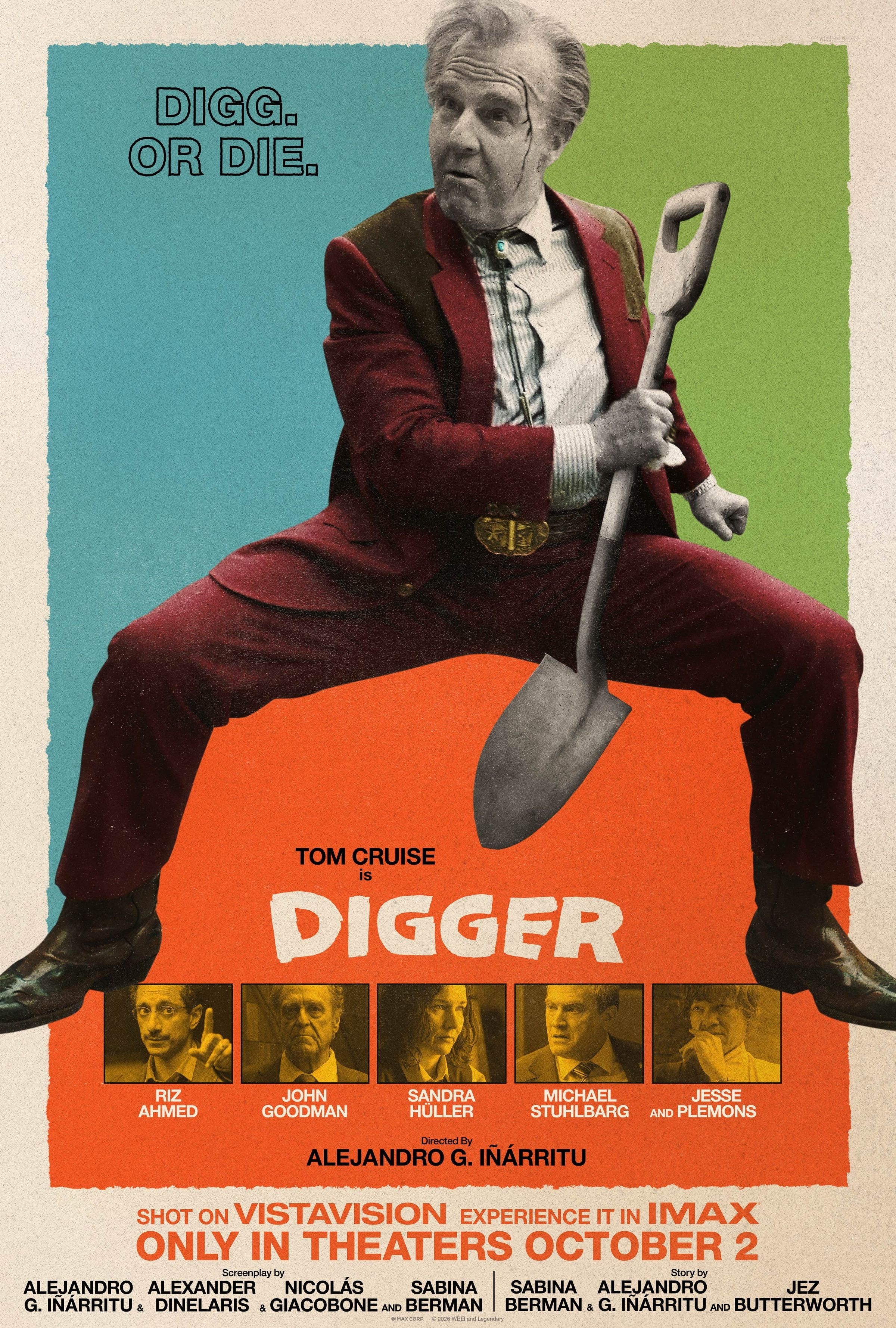Official Digger US poster showing Tom Cruise in a burgundy suit holding a shovel, with the October 2 release date.
