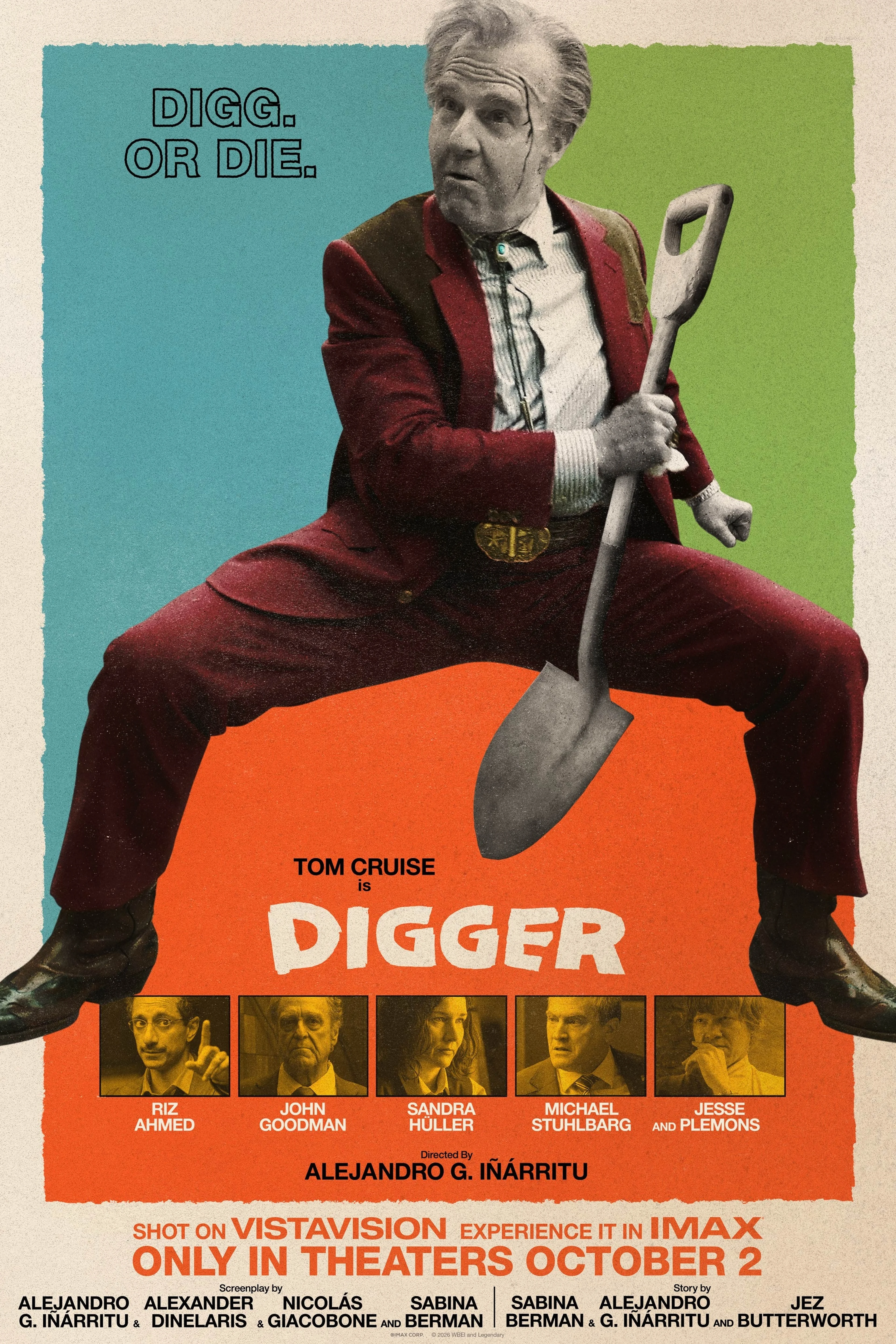 Official Digger US poster showing Tom Cruise in a burgundy suit holding a shovel, with the October 2 release date.