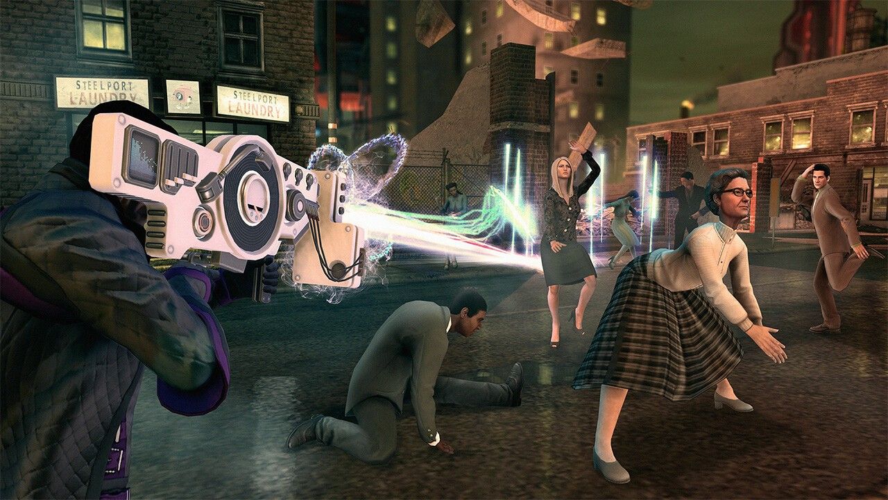 A futuristic weapon fires a bright blast along a city street.