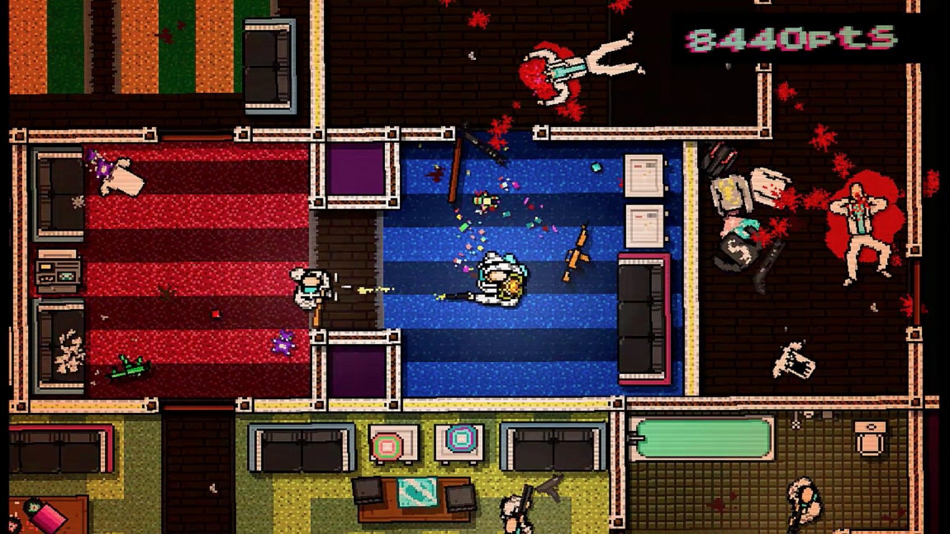 The player fires across a blue room as enemies occupy the adjoining rooms.