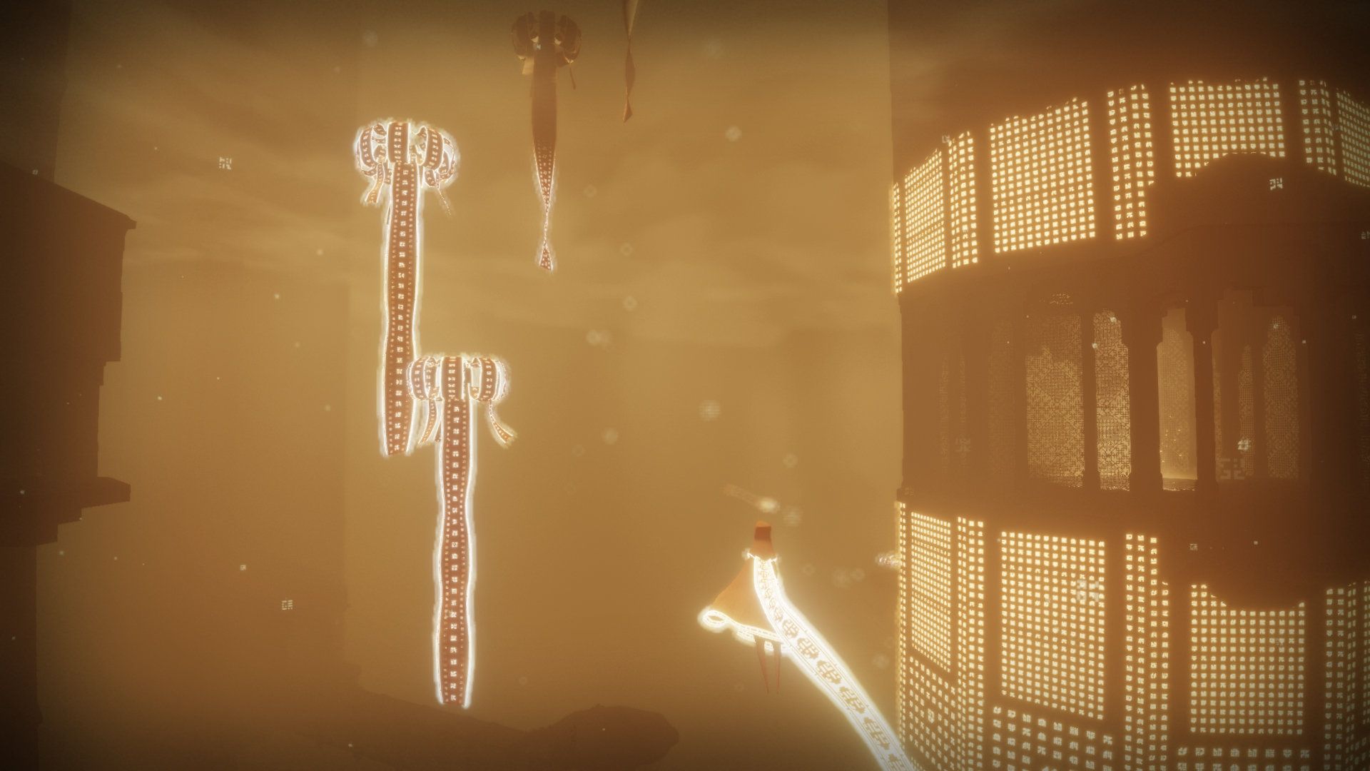 A traveler glides past luminous cloth shapes inside a warm-colored chamber.