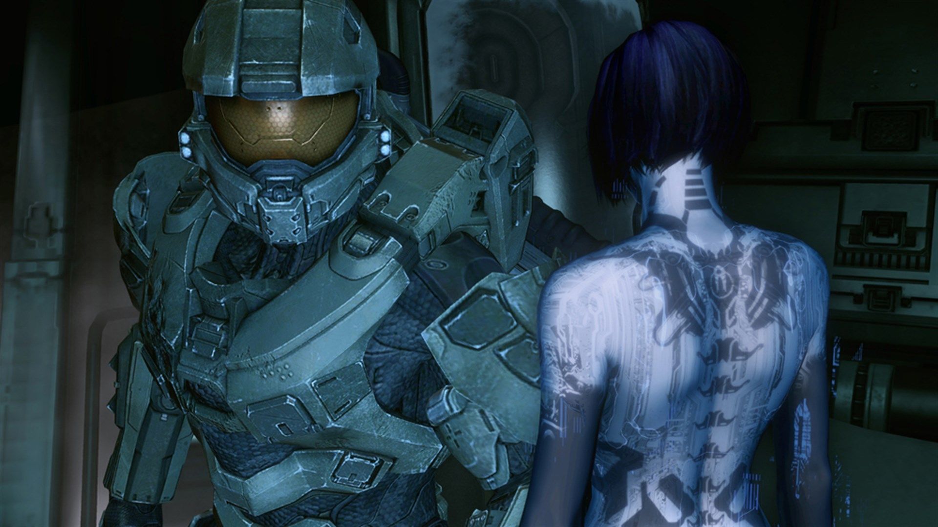 Master Chief and Cortana face each other during a Halo 4 story scene.