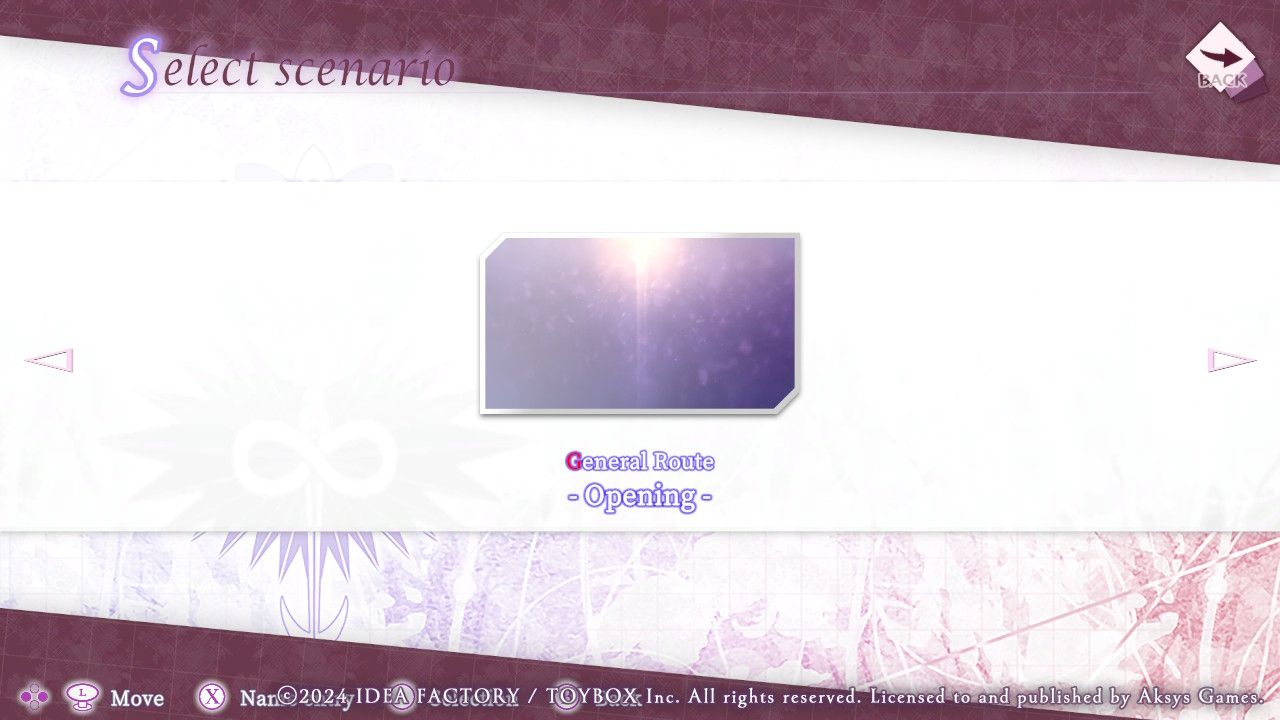 The Scenario Select menu shows the General Route opening in the Nintendo Switch edition of 7'scarlet.