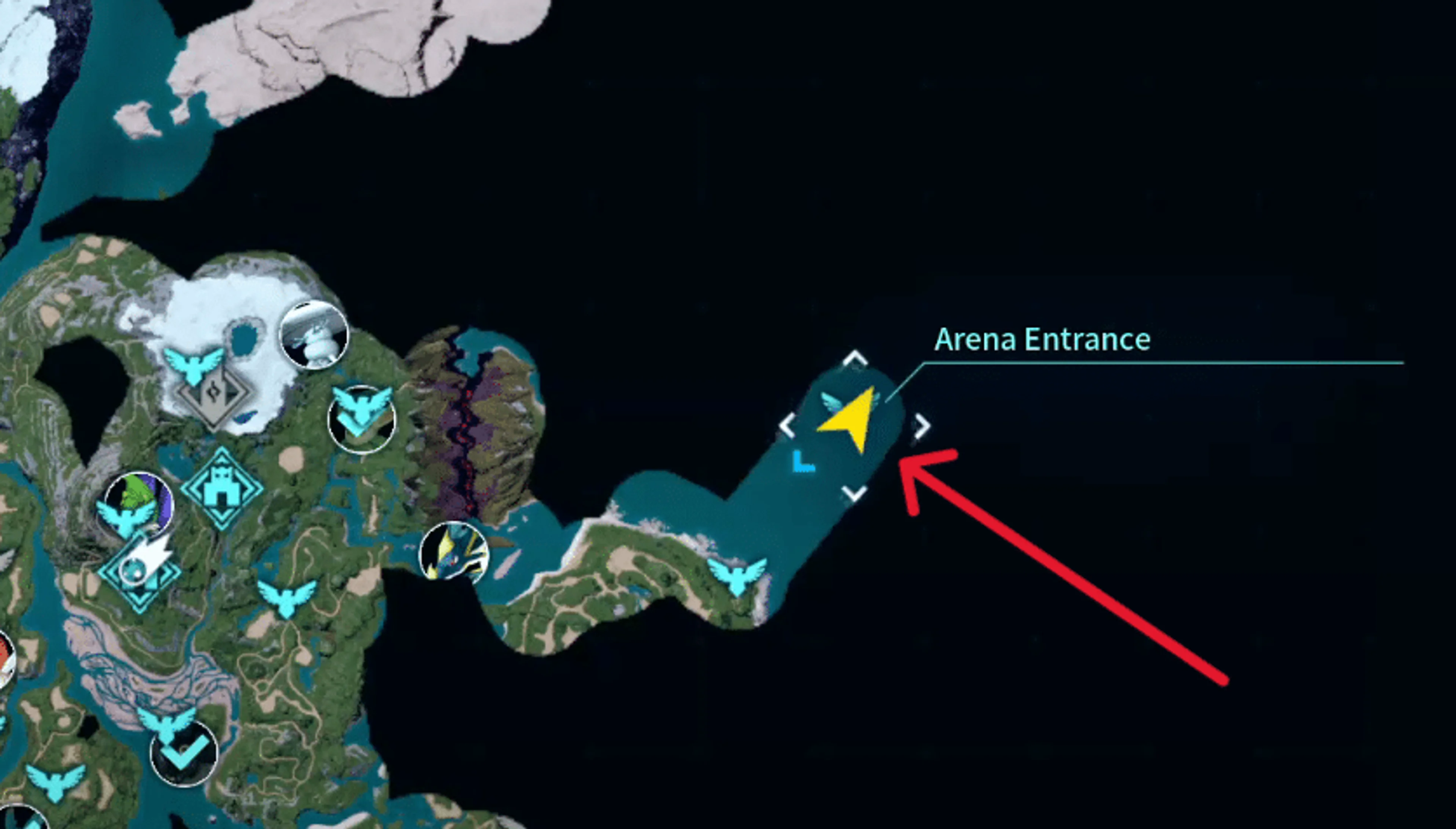 Palworld map with a red arrow pointing to the Arena Entrance marker on the small island northeast of Eastern Wild Island.