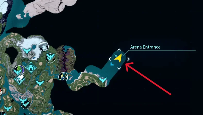 Palworld map with a red arrow pointing to the Arena Entrance marker on the small island northeast of Eastern Wild Island.