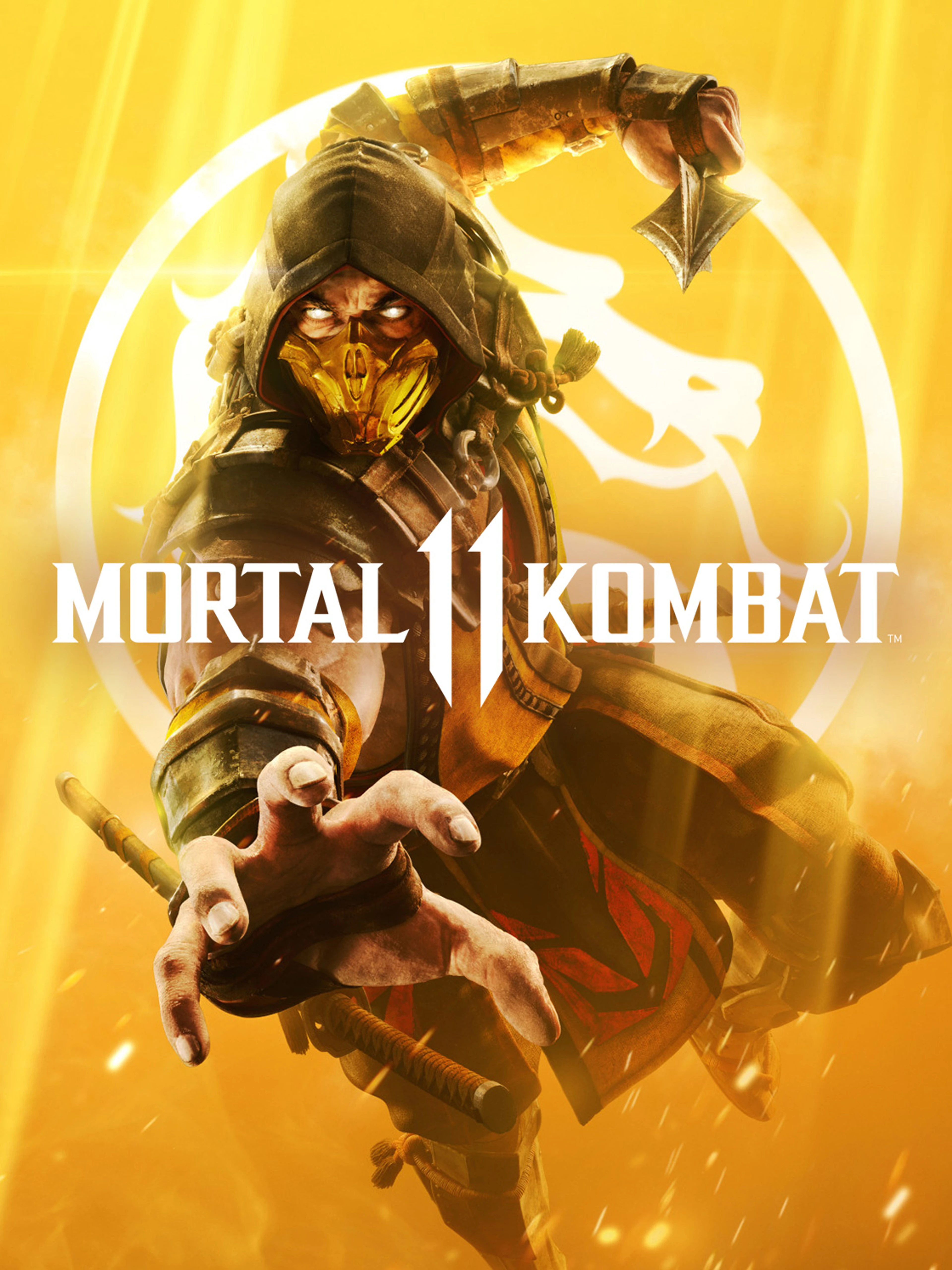 Official Mortal Kombat 11 cover showing Scorpion against a yellow background with the native game logo.