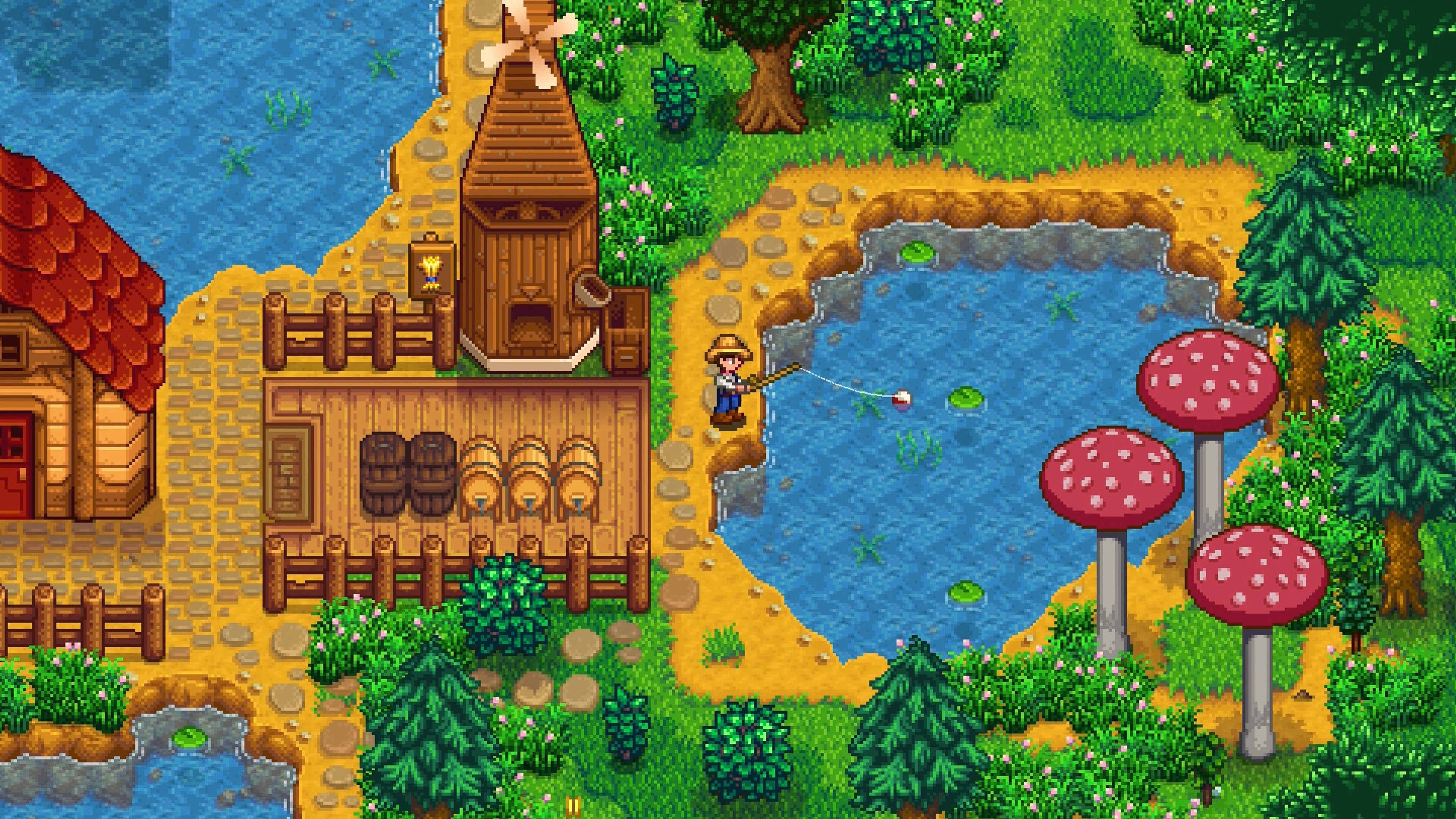 A farmer fishing in a farm pond in Stardew Valley.