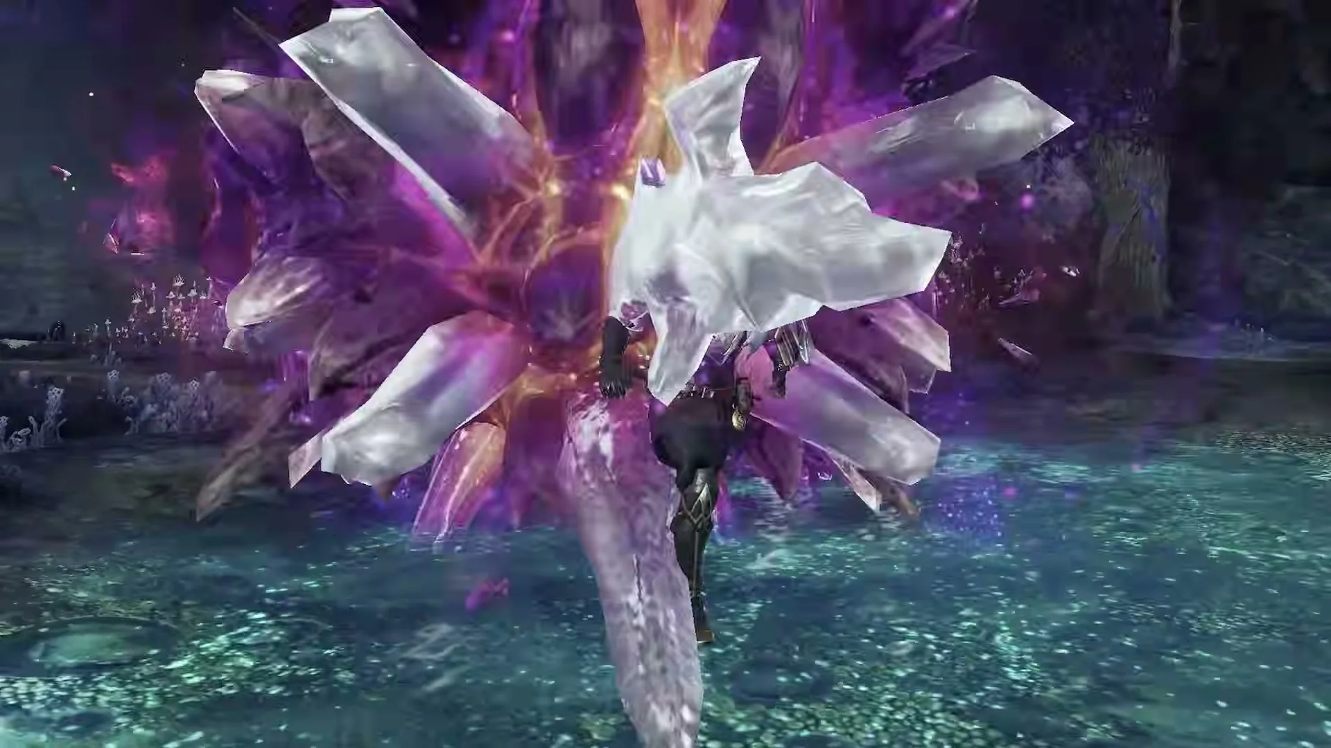 A hunter charges toward a crystal-covered monster in Monster Hunter Outlanders.