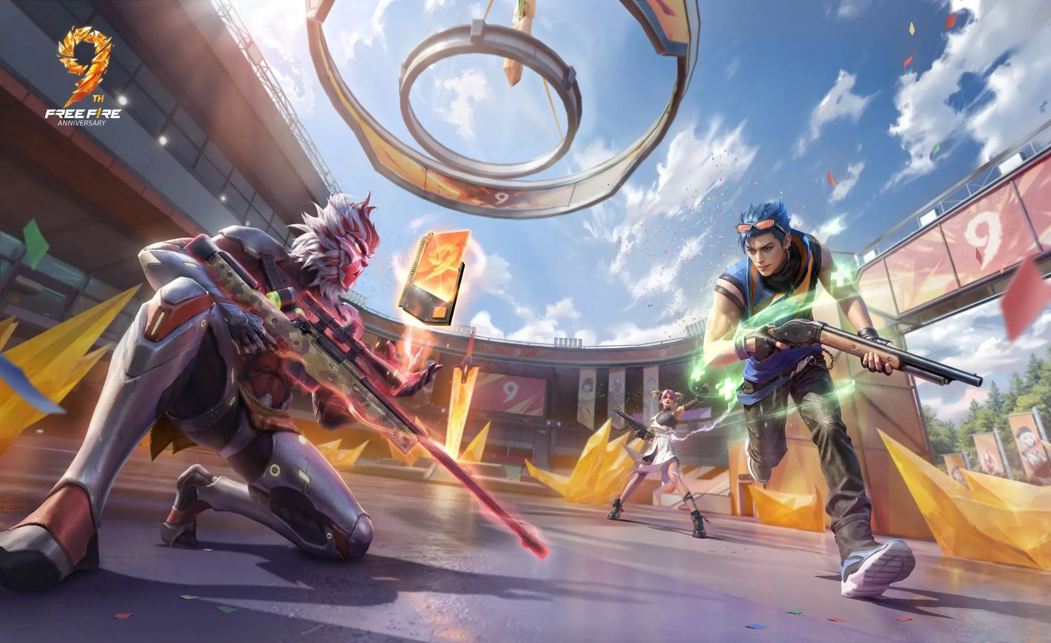 Two Free Fire MAX fighters facing each other with different weapons