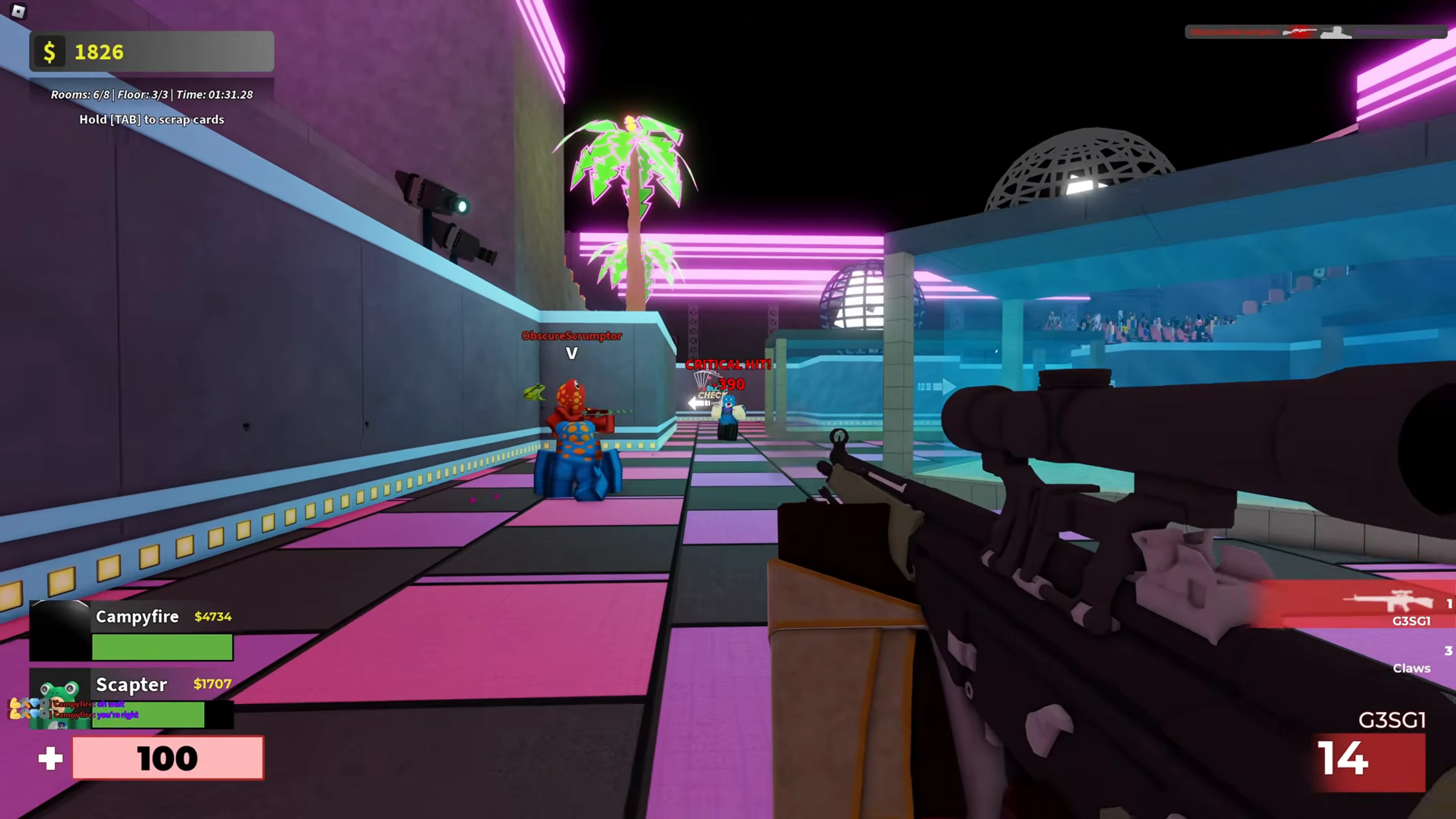 First-person aim toward an opponent across a neon arena in Arsenal’s Rogue mode.