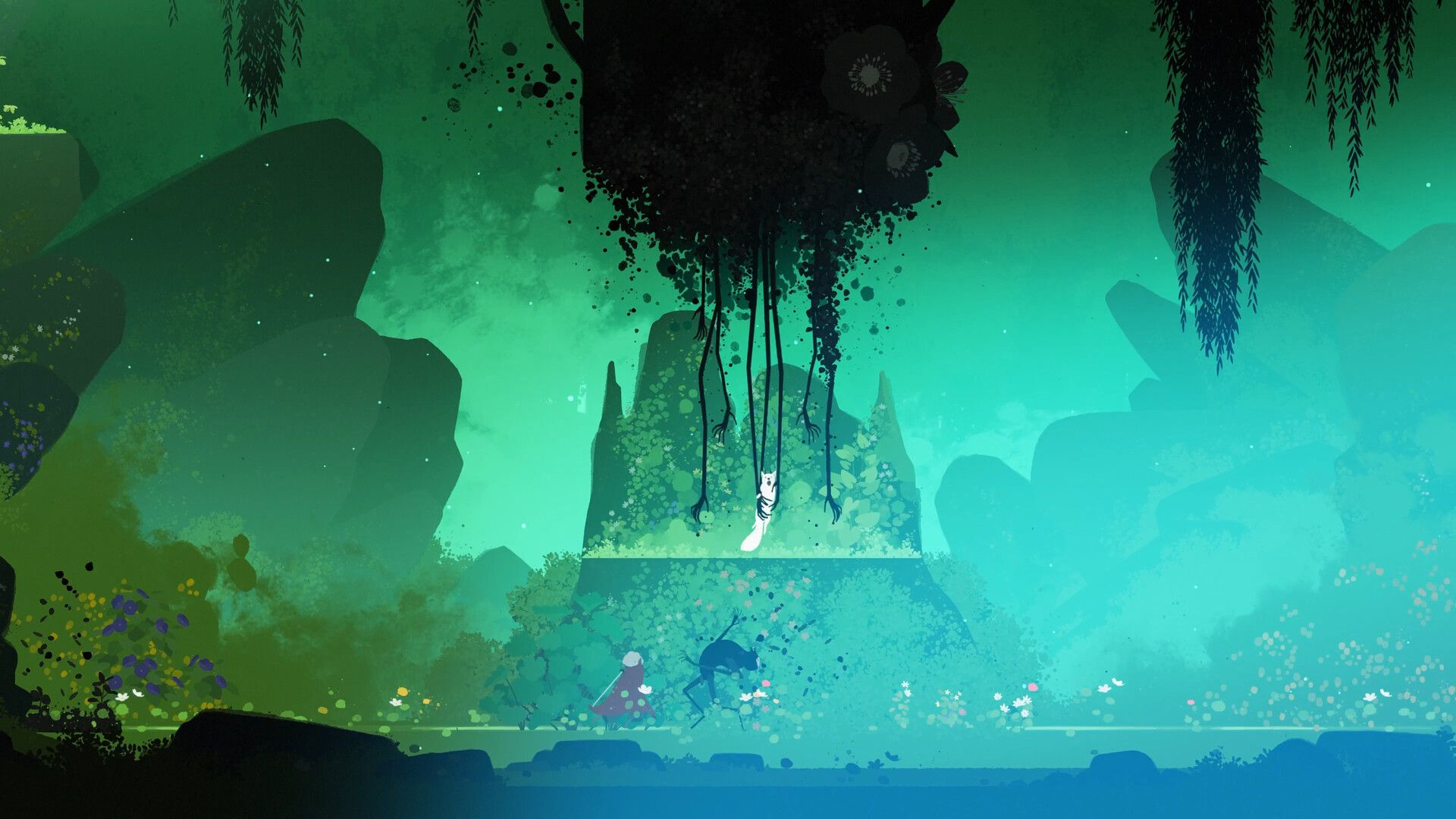 Alba and the wolf move beneath hanging vines in a dark green forest in Neva.