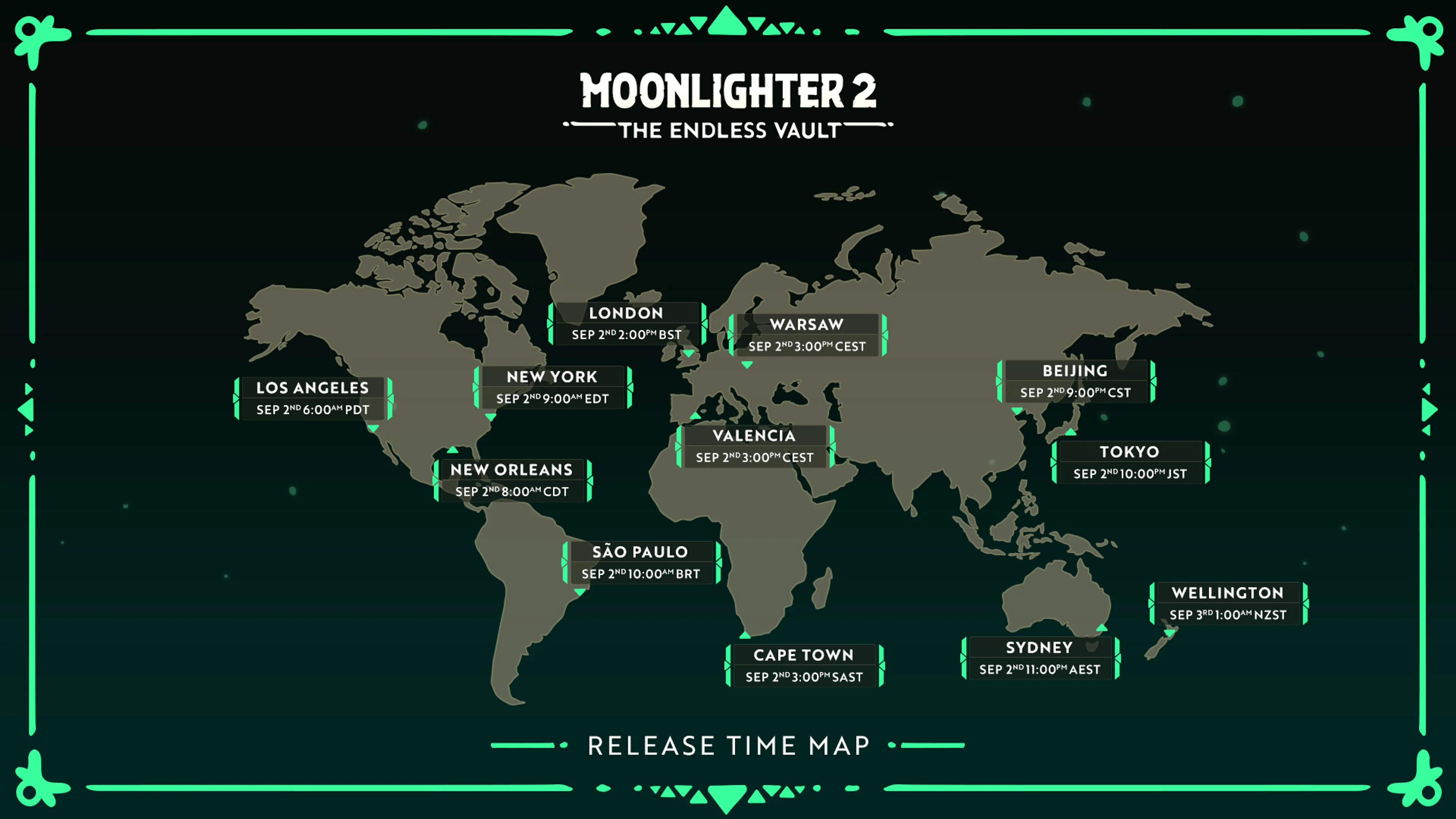 Moonlighter 2 release map lists September 2 at 6 a.m. PDT, 8 a.m. CDT, 9 a.m. EDT, 2 p.m. BST, and matching worldwide times.