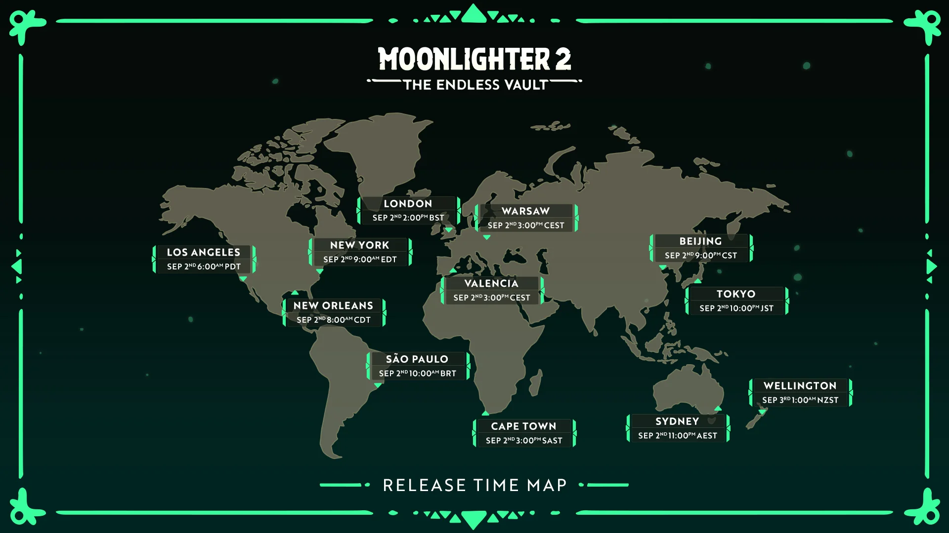 Moonlighter 2 release map lists September 2 at 6 a.m. PDT, 8 a.m. CDT, 9 a.m. EDT, 2 p.m. BST, and matching worldwide times.