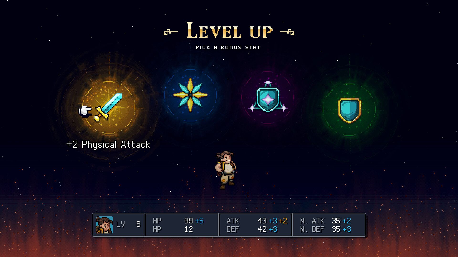 The Level Up screen offers a choice of bonus stats, with Physical Attack highlighted.