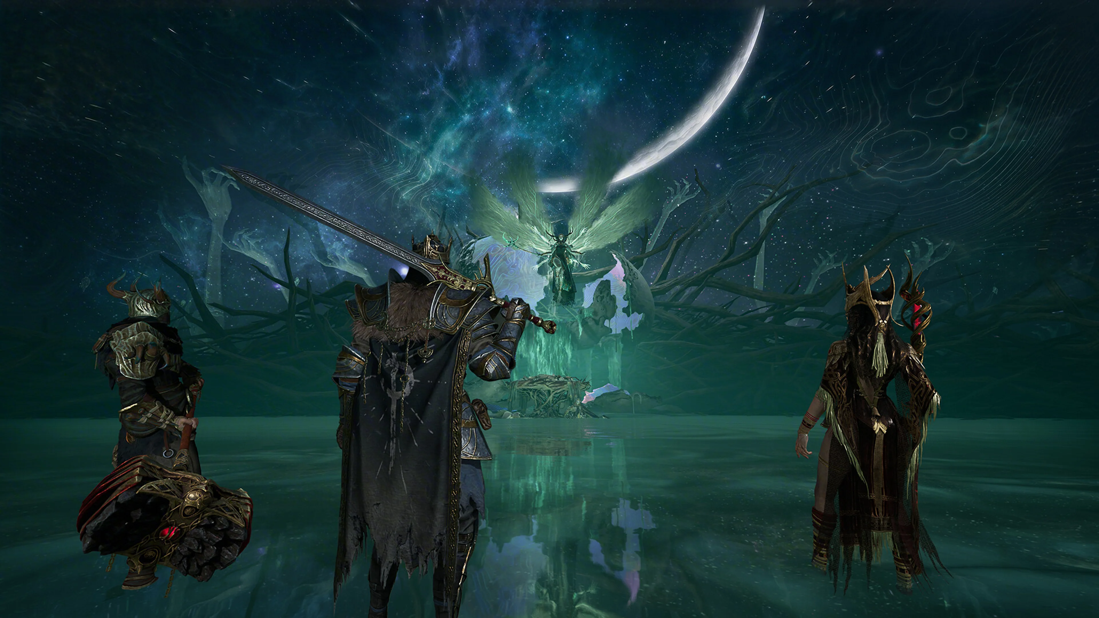 Three different Gyldhunters face a glowing figure beneath a crescent moon.