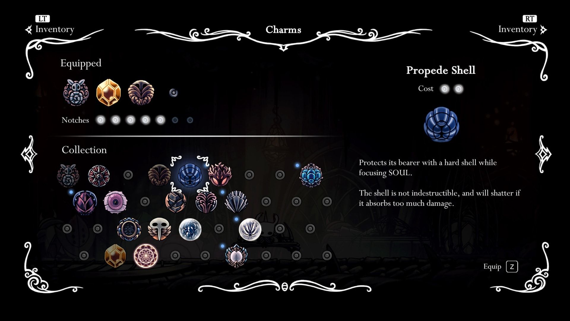 The Charms menu shows equipped and available charm icons.