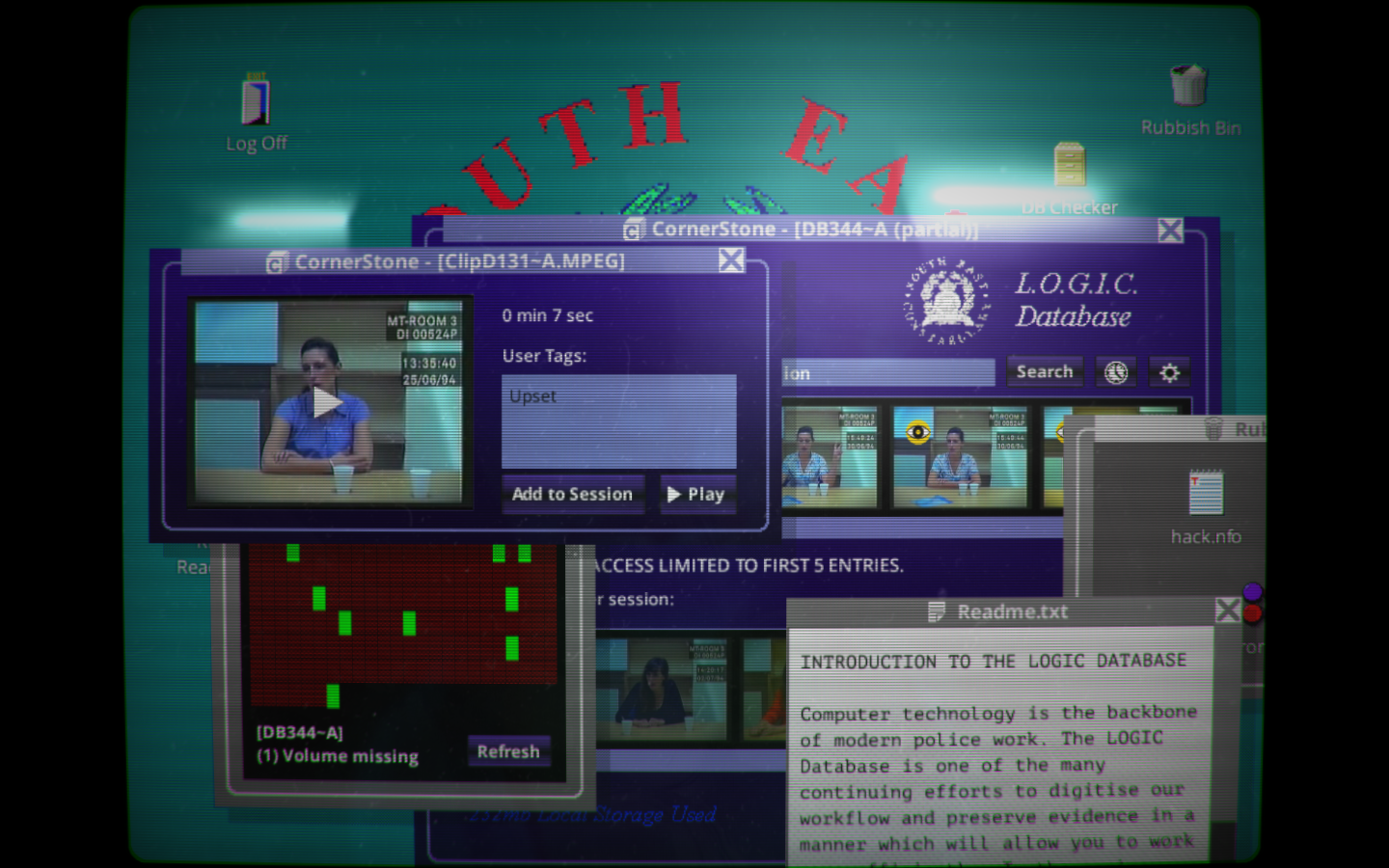 Her Story desktop with search results, an interview player, User Tags and Add to Session buttons.