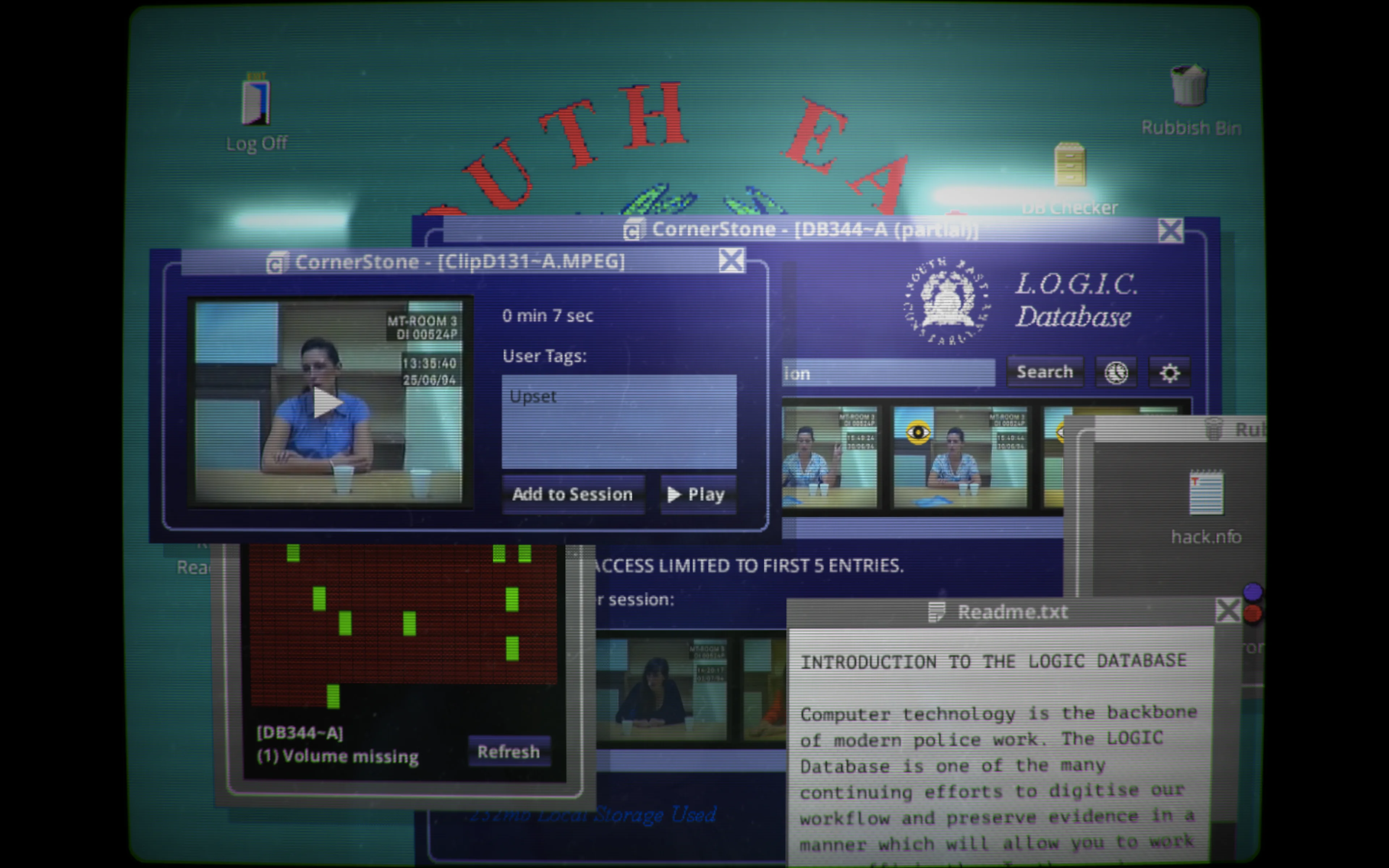 Her Story desktop with Search near the upper right of the purple database, video thumbnails underneath, an opened clip window at left, and ACCESS LIMITED TO FIRST 5 ENTRIES along the lower database area.