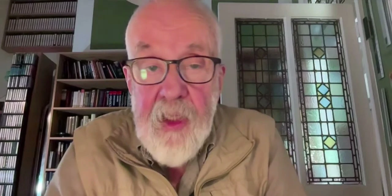 Mike Leigh speaks remotely during the Tender Loving Care press conference.