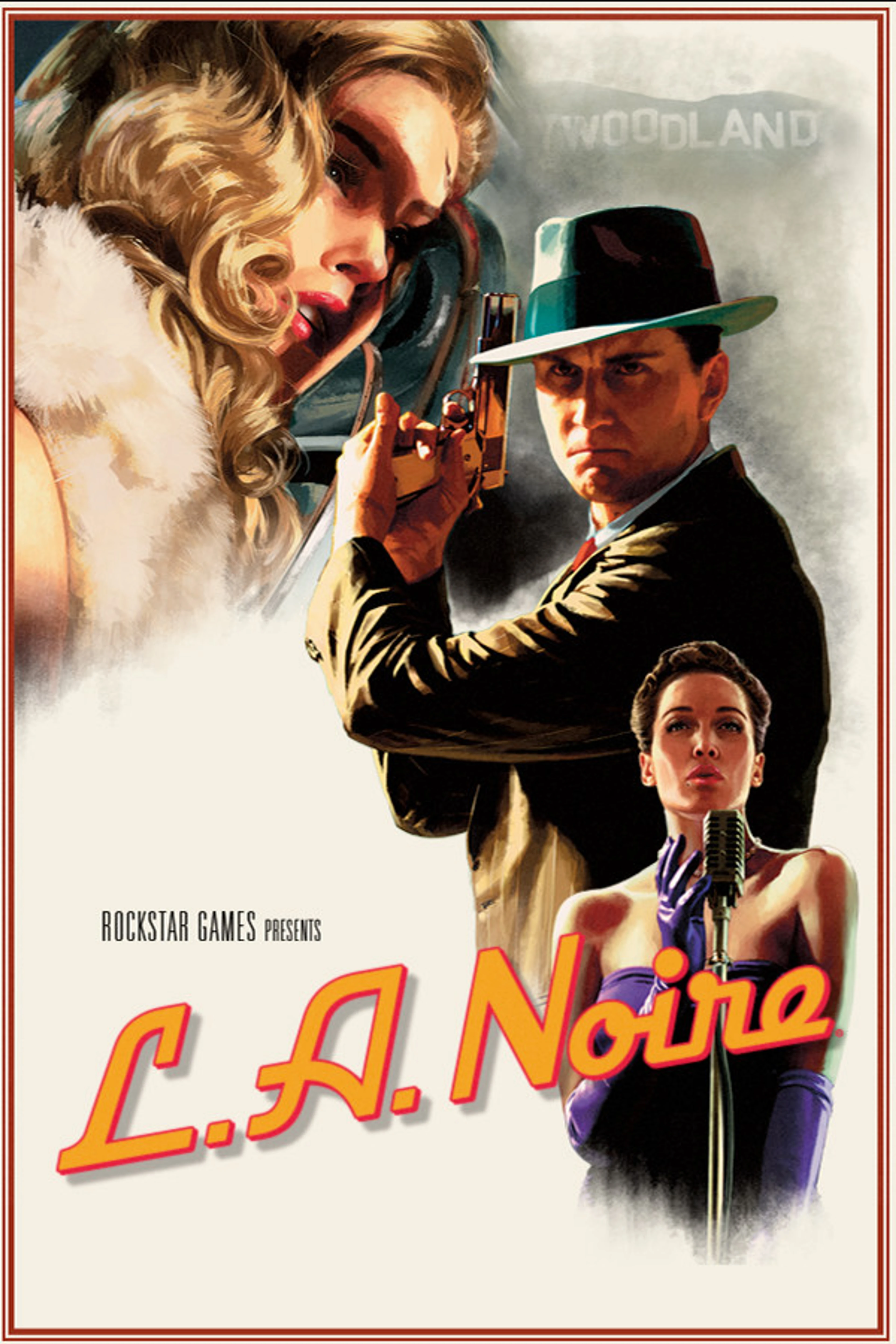 Official L.A. Noire publisher PC store cover showing Cole Phelps with a handgun, two women and the native game title.
