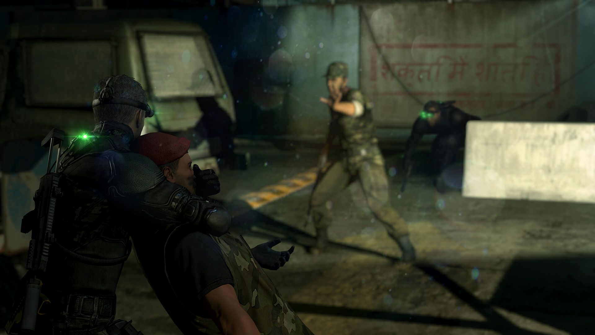 Sam Fisher aims at an enemy inside a dim concrete room.