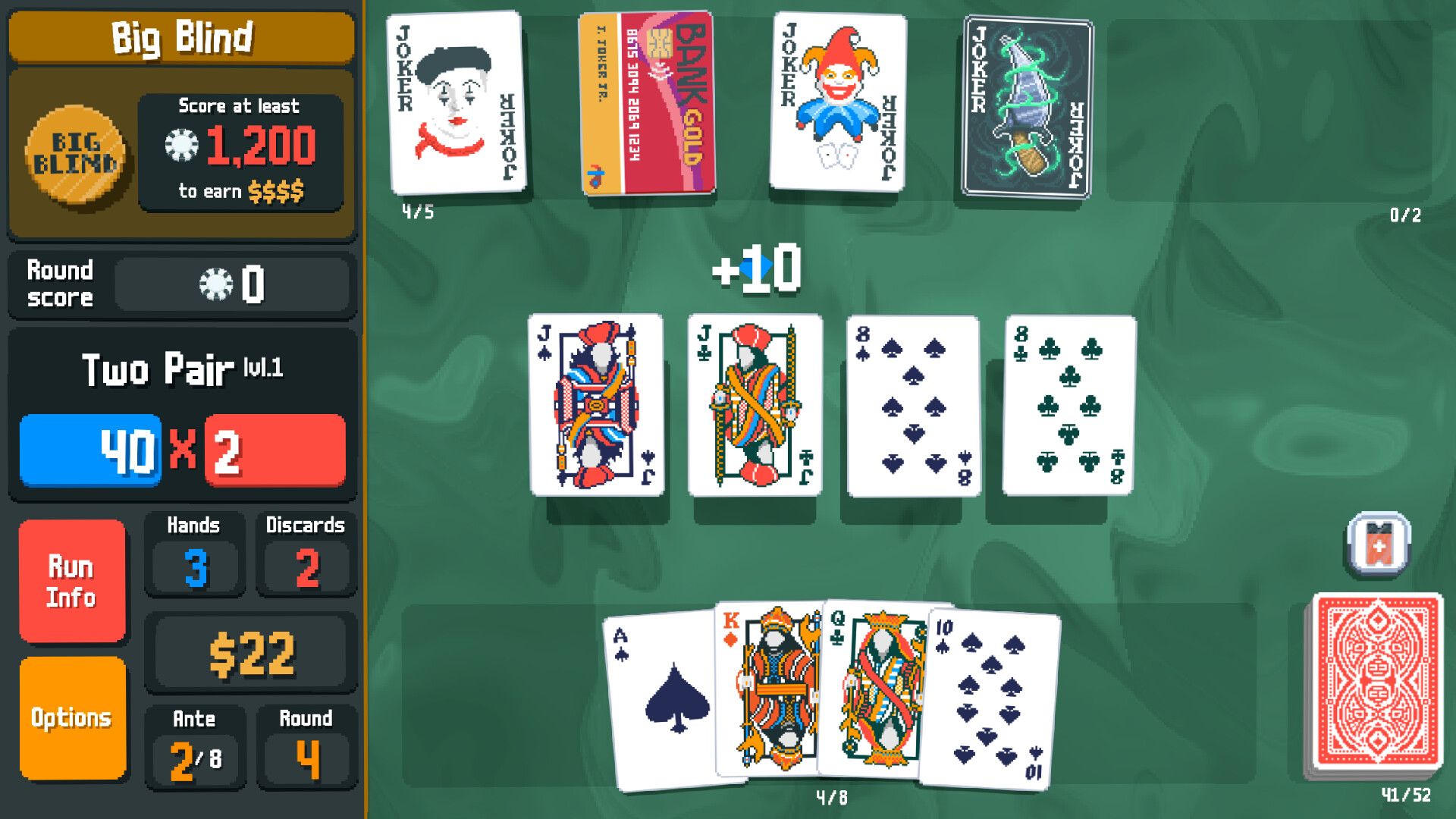 Balatro hand screen with a scoring target, cards, and Joker slots.