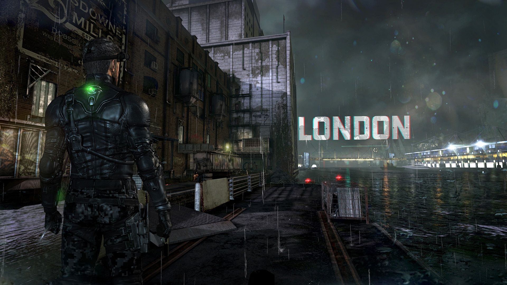 Sam Fisher stands in a rain-darkened London scene under a large LONDON location title.