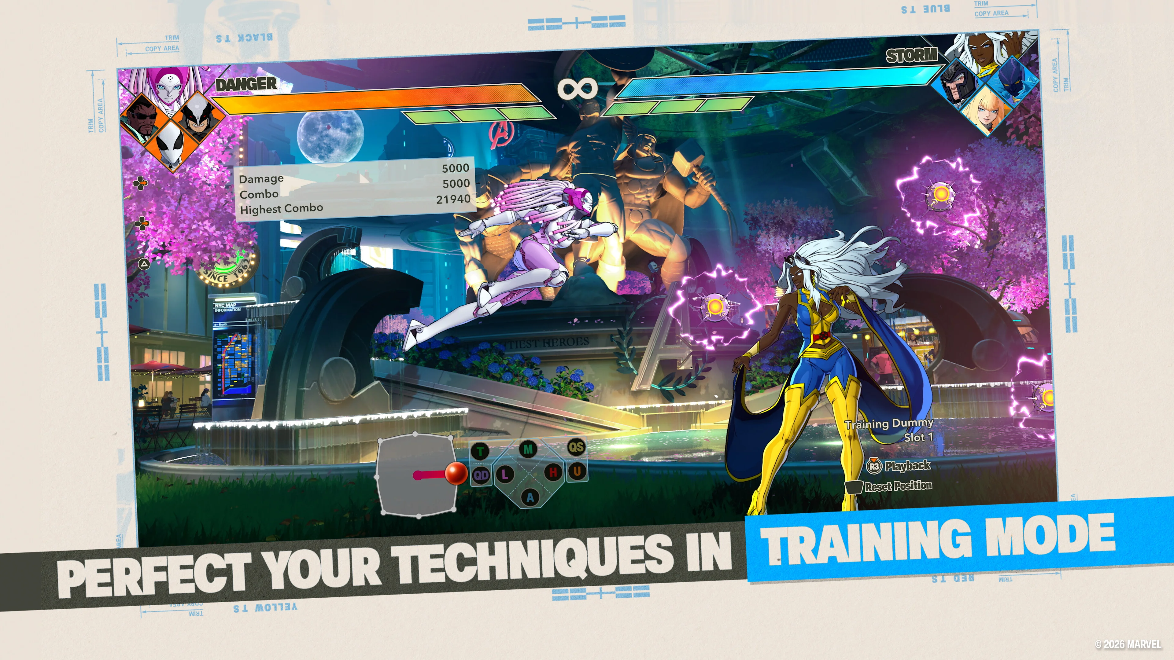 MARVEL Tōkon Training Mode showing input, frame, and damage information during a practice session.