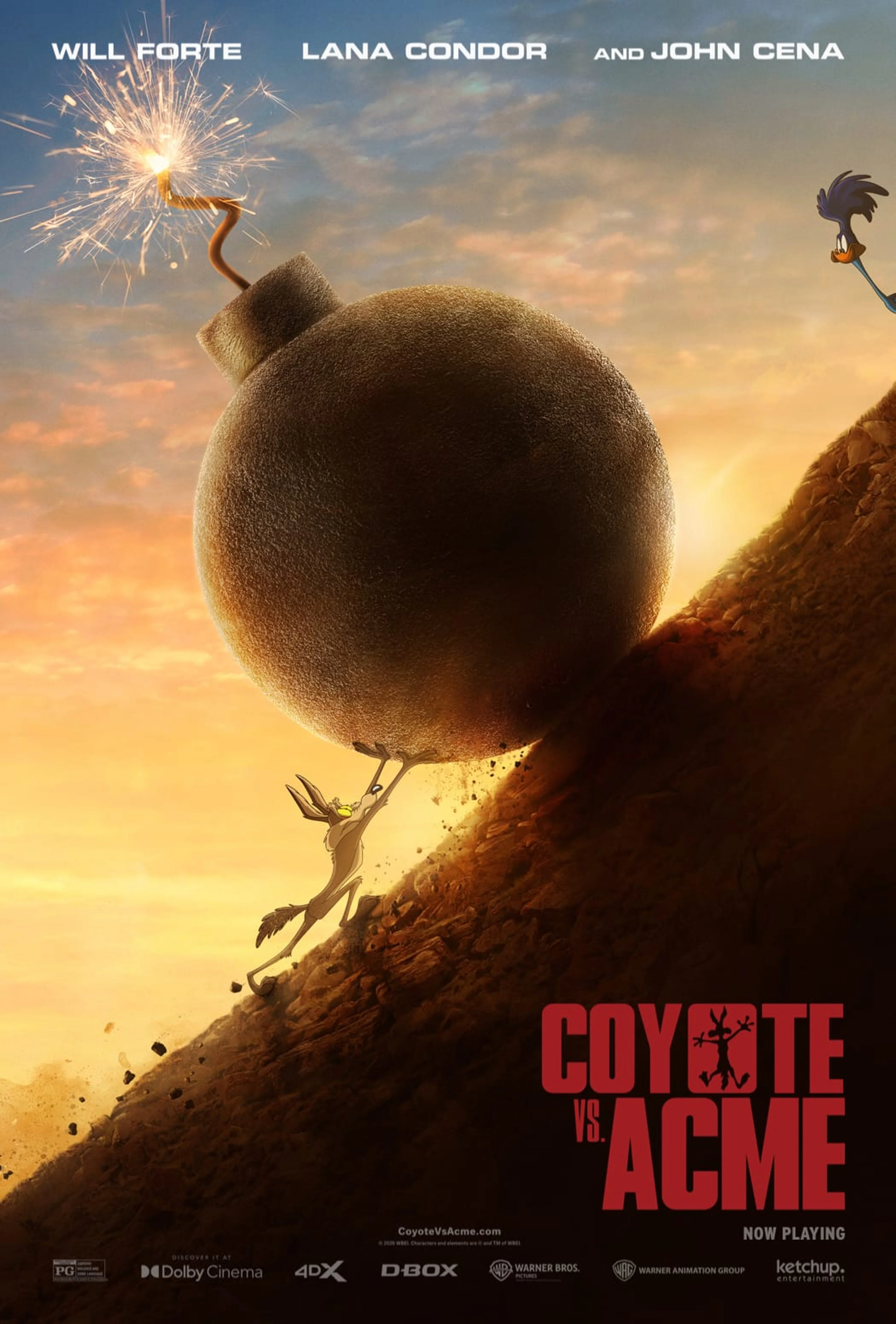 The giant Acme bomb dominates the colorful theatrical poster for Coyote vs. Acme.
