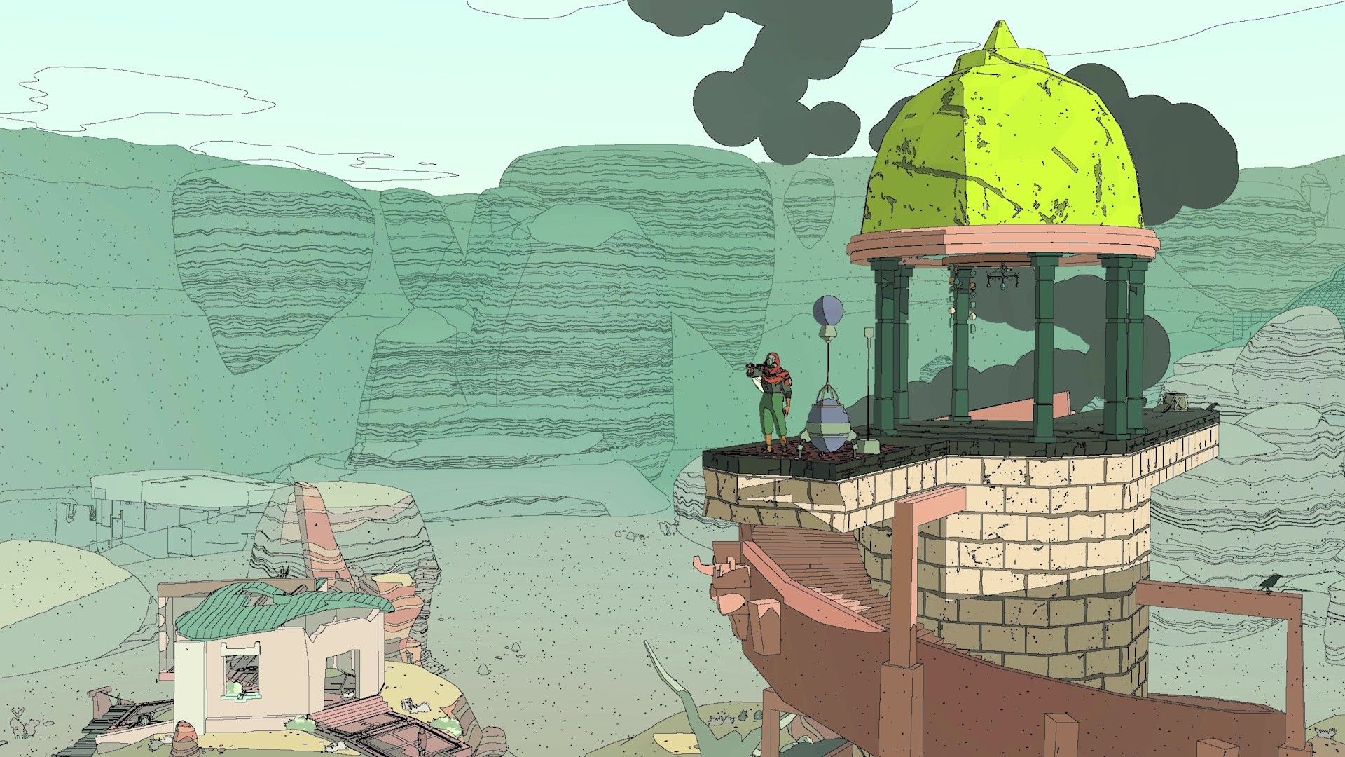 Masked residents stand beside a green-domed building above a canyon in Sable.