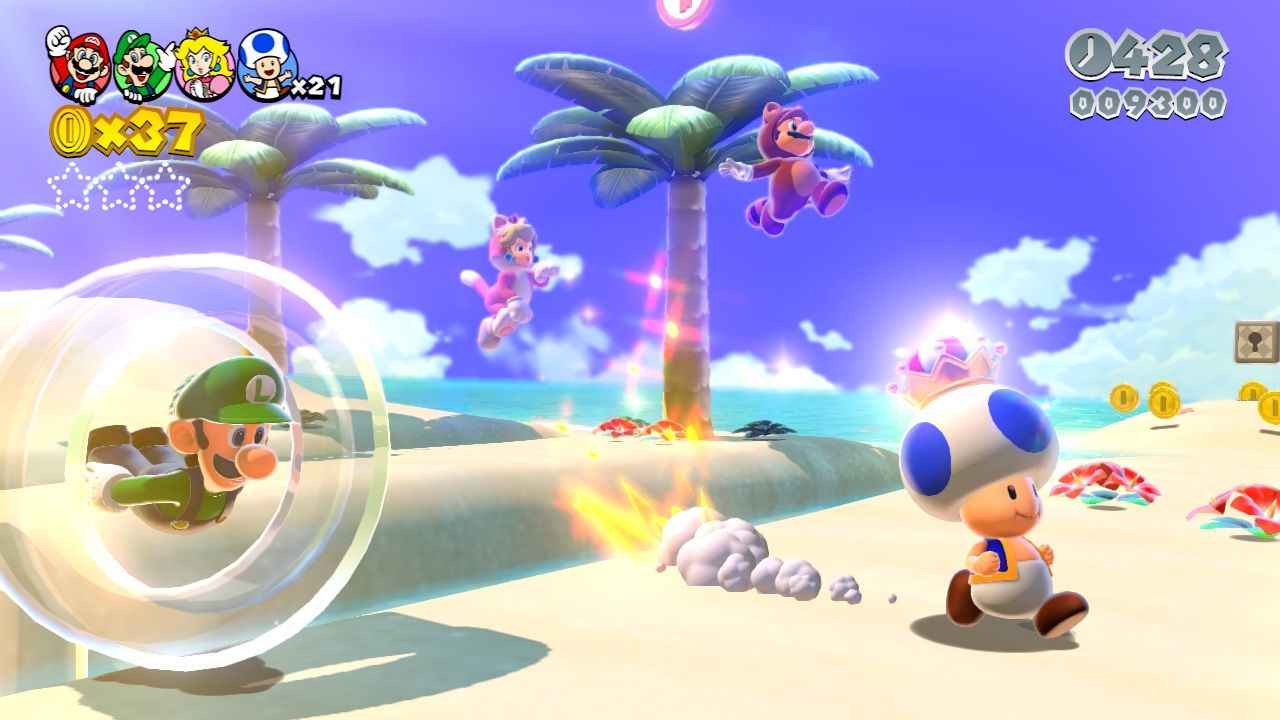 Toad runs across a beach while other Mario characters float in bubbles.