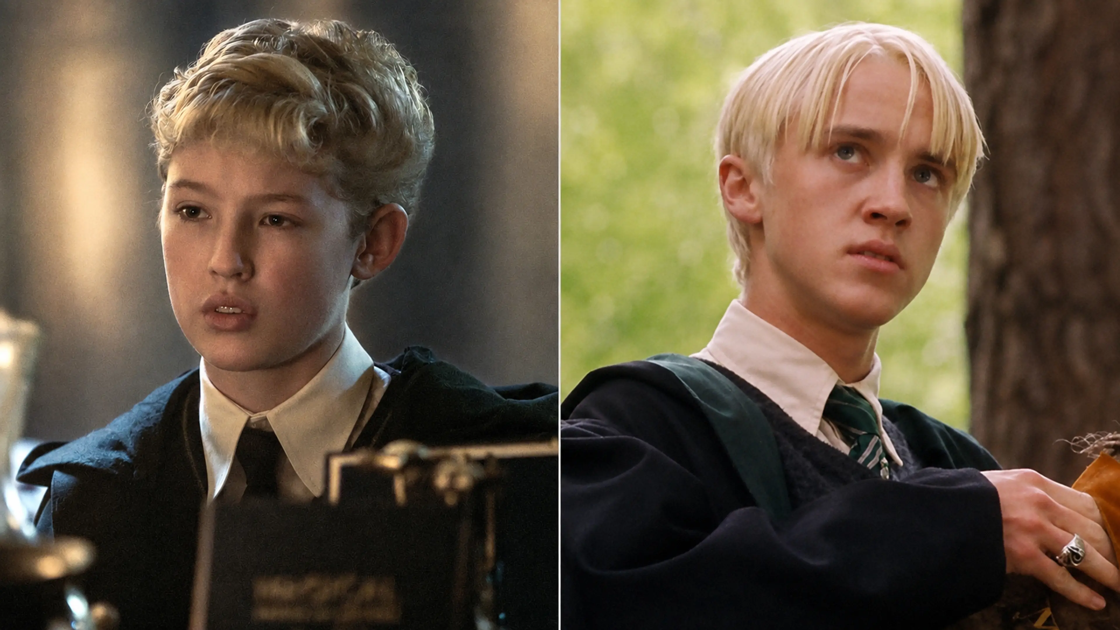 Lox Pratt as the new Draco Malfoy beside Tom Felton as Draco in the original Harry Potter films.