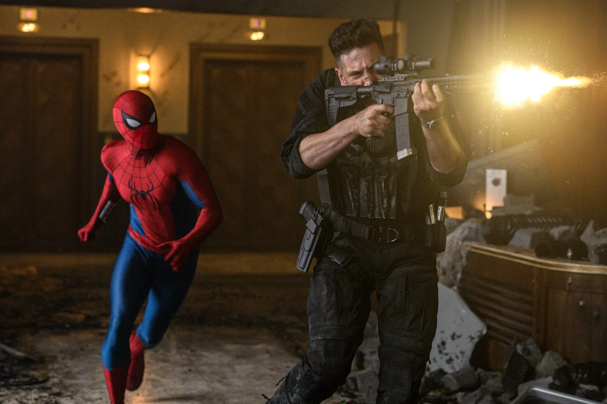 Spider-Man and the Punisher move through an action scene in Spider-Man: Brand New Day.
