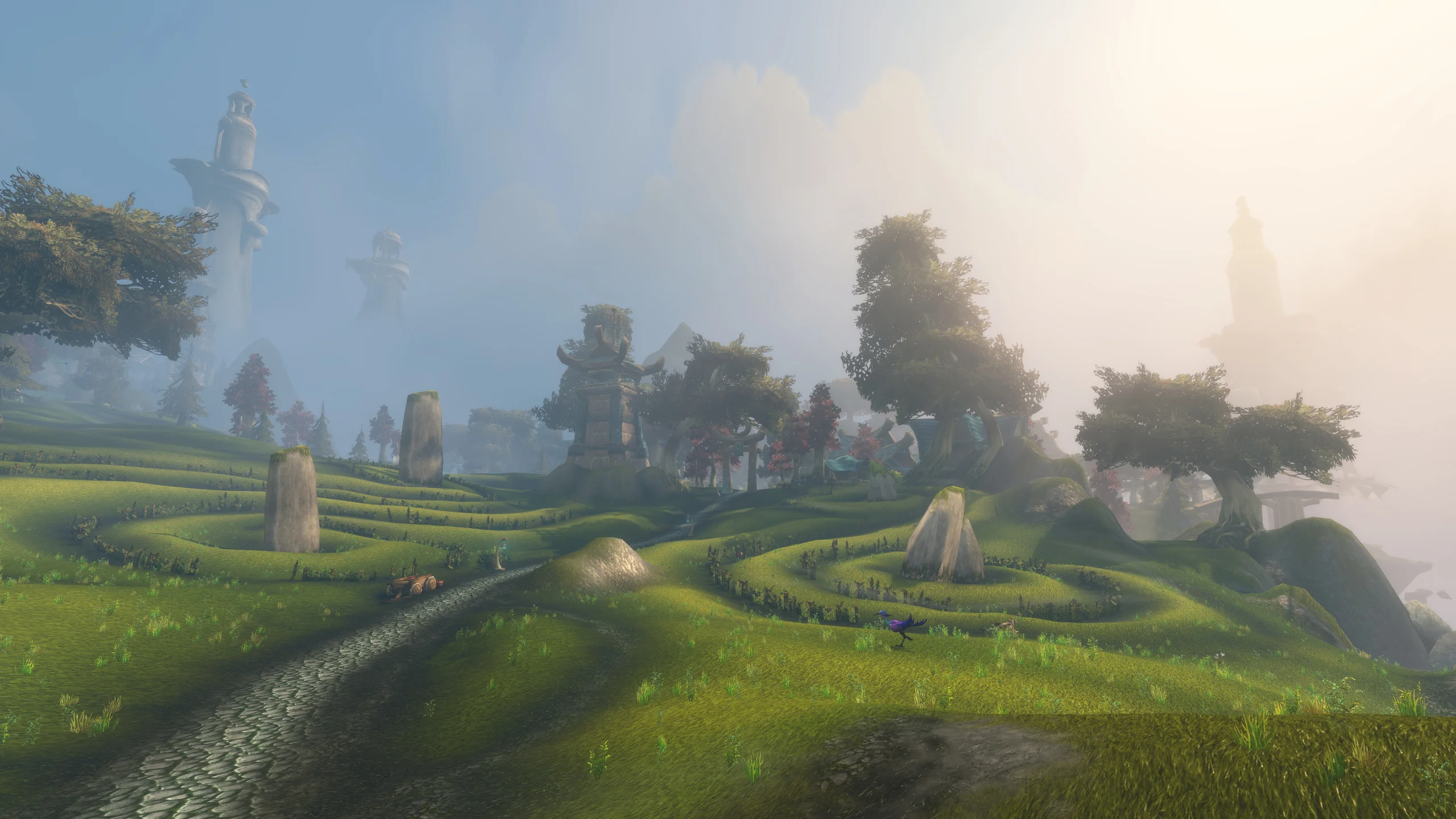 A stone path crosses the green hills of Zephras Isle in World of Warcraft: Forever.