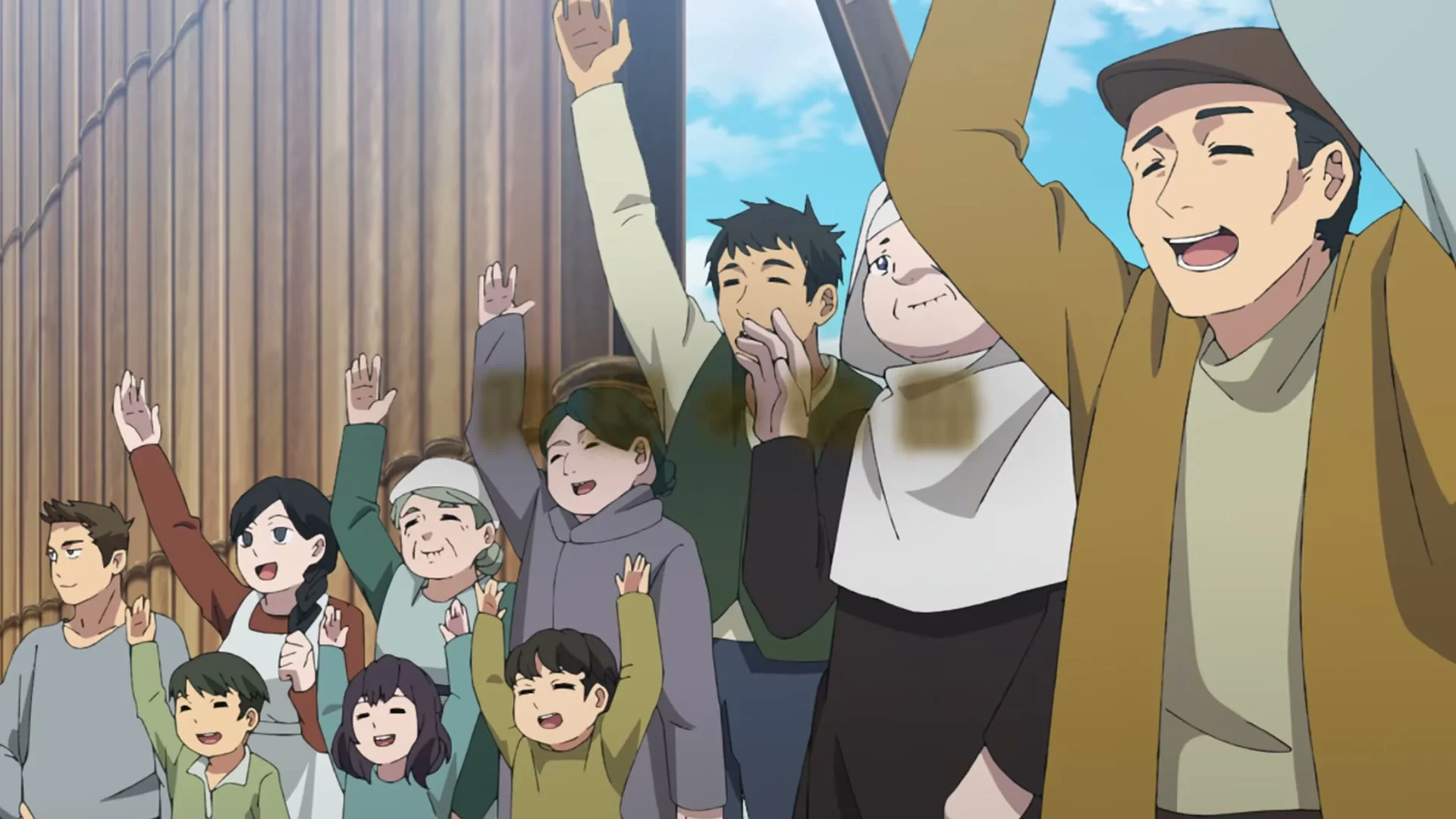 Adults and children raise their hands and cheer along a city street.