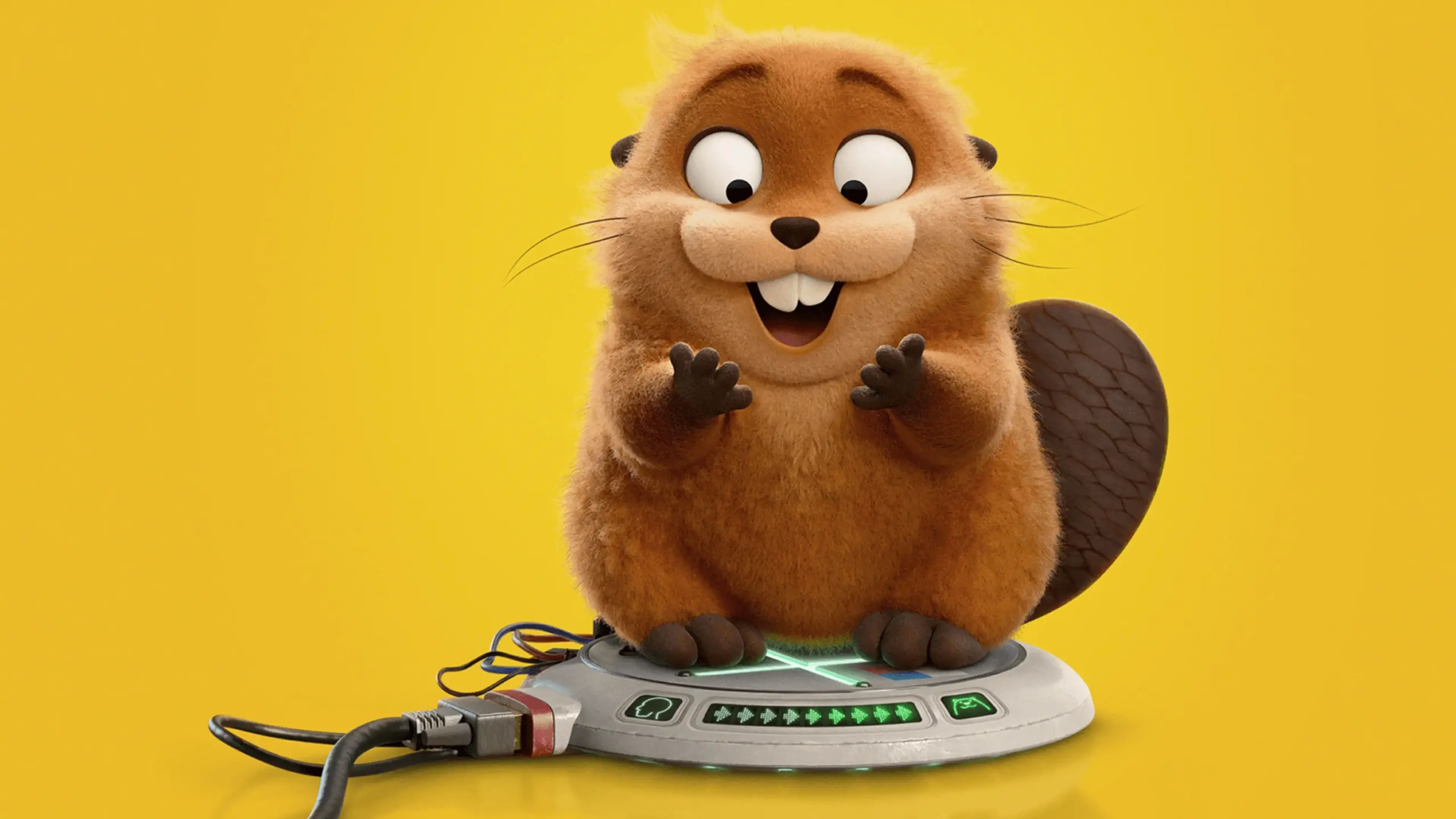 An orange robotic beaver sits on a circular electronic device against a yellow background.
