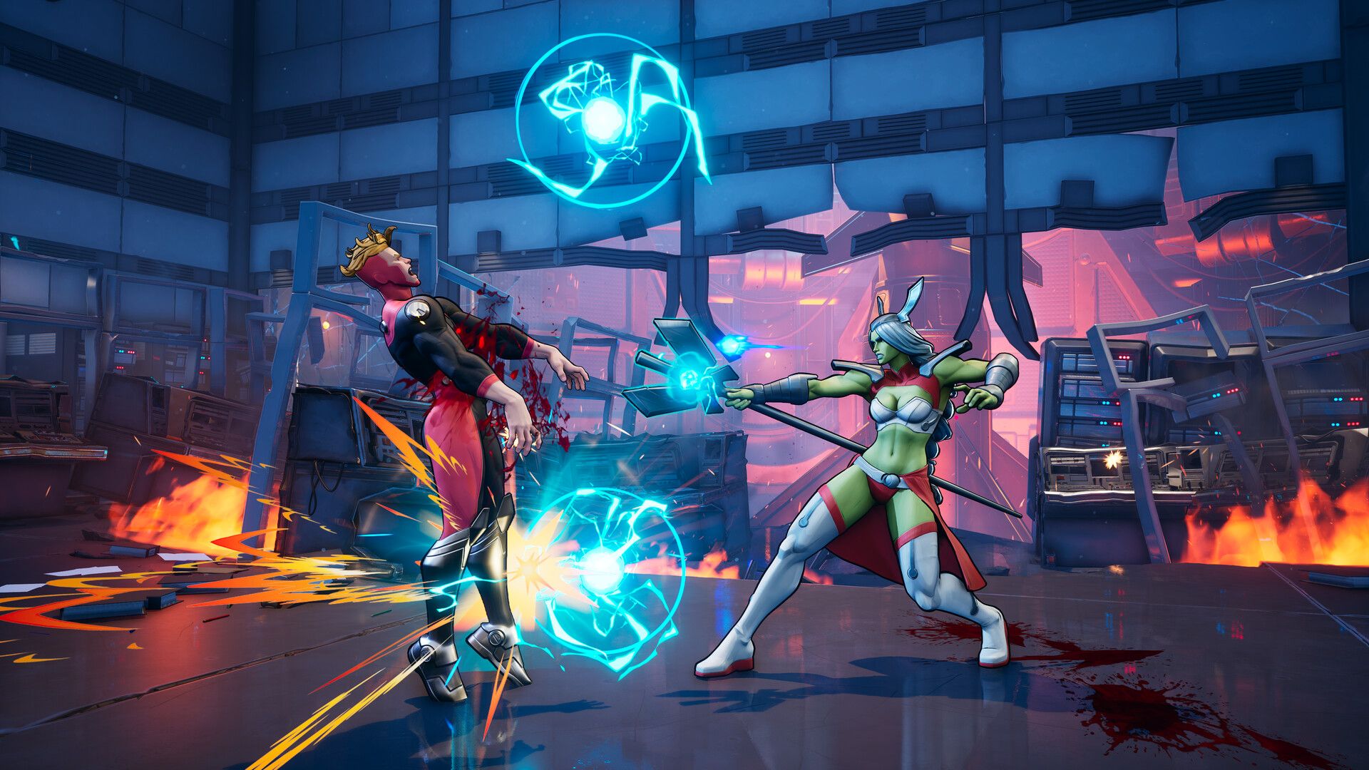 Two fighters clash amid blue energy in an Invincible VS arena.