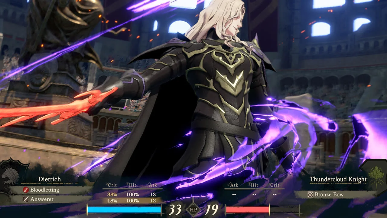 Dietrich attacks an enemy with a glowing weapon during a battle in Fire Emblem: Fortune’s Weave.