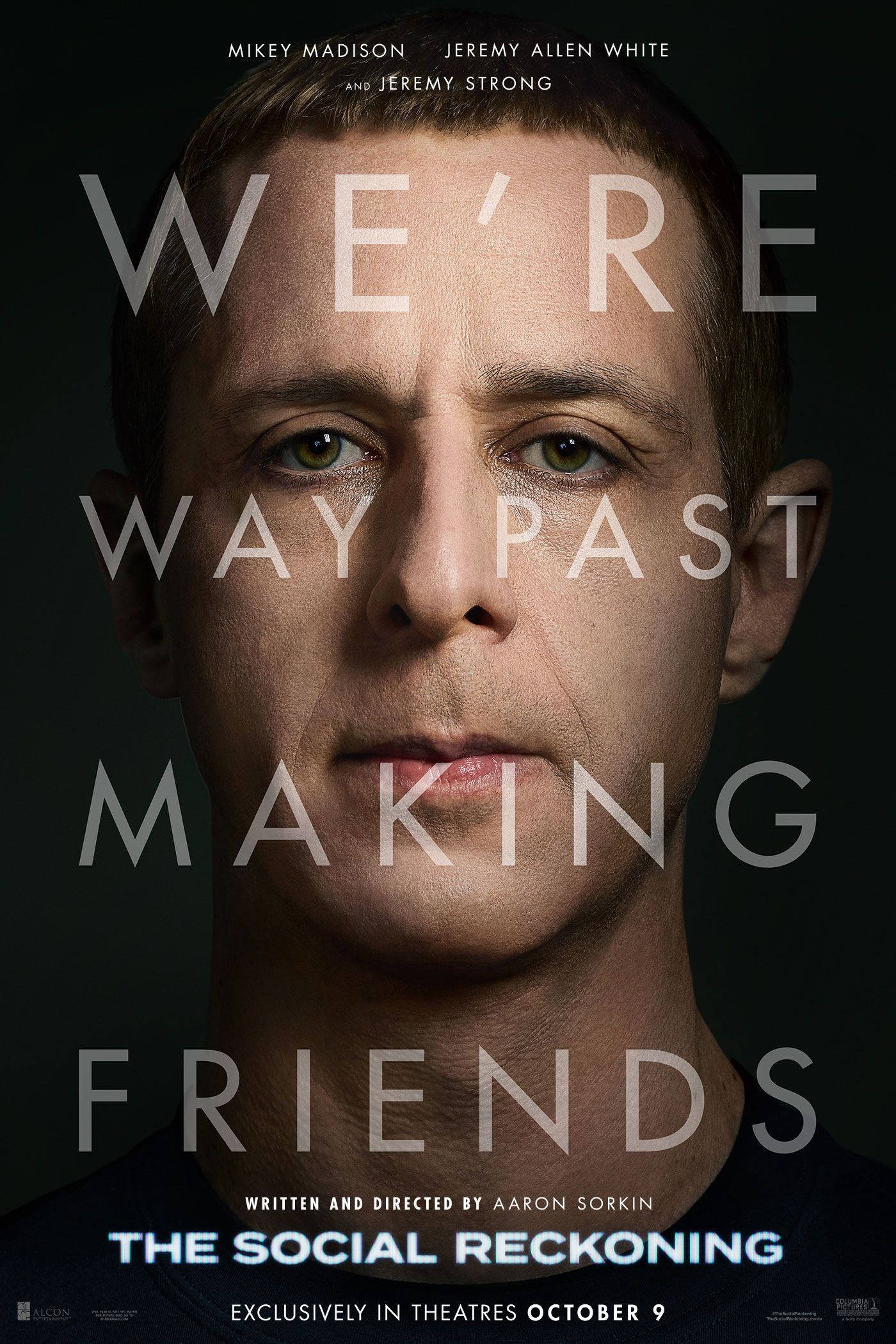 Official The Social Reckoning poster featuring Jeremy Strong and its October 9 theatrical date.