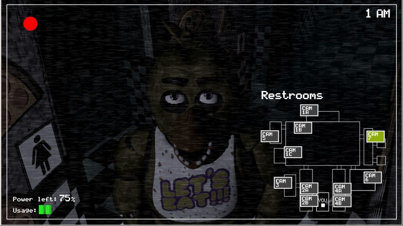 The security camera shows Chica near the restrooms in Five Nights at Freddy's.