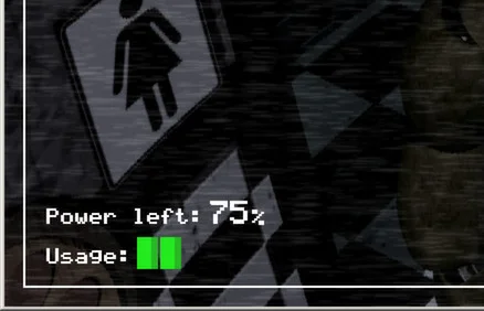 Close view of Power left 75 percent and two Usage bars in an official FNAF camera screenshot.