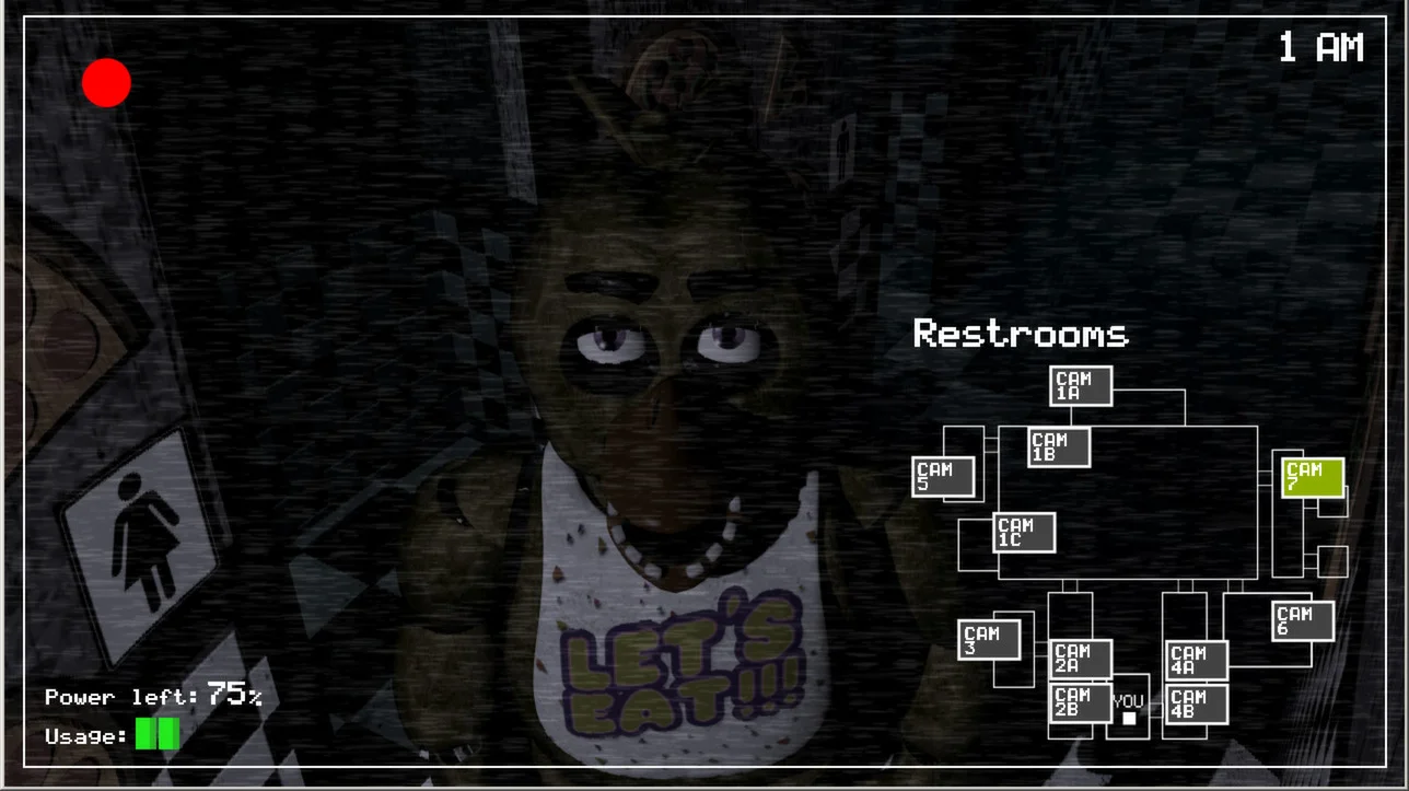 FNAF monitor showing Chica in Restrooms, CAM 7 highlighted, Power left and Usage at bottom left.