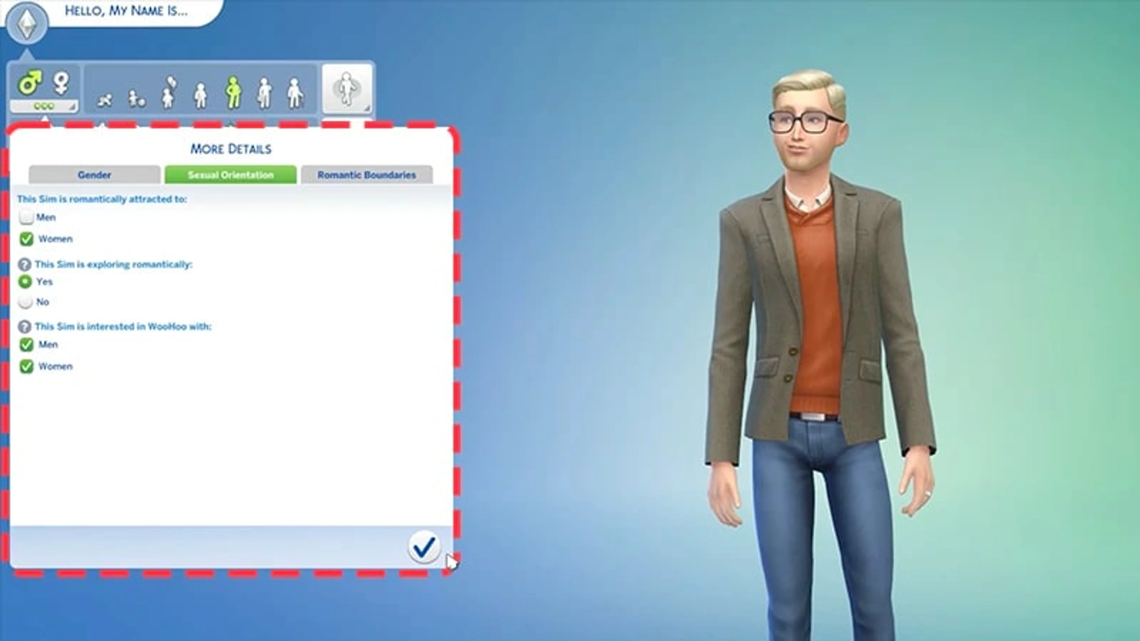 Official EA screenshot showing the Sexual Orientation tab in Create a Sim.