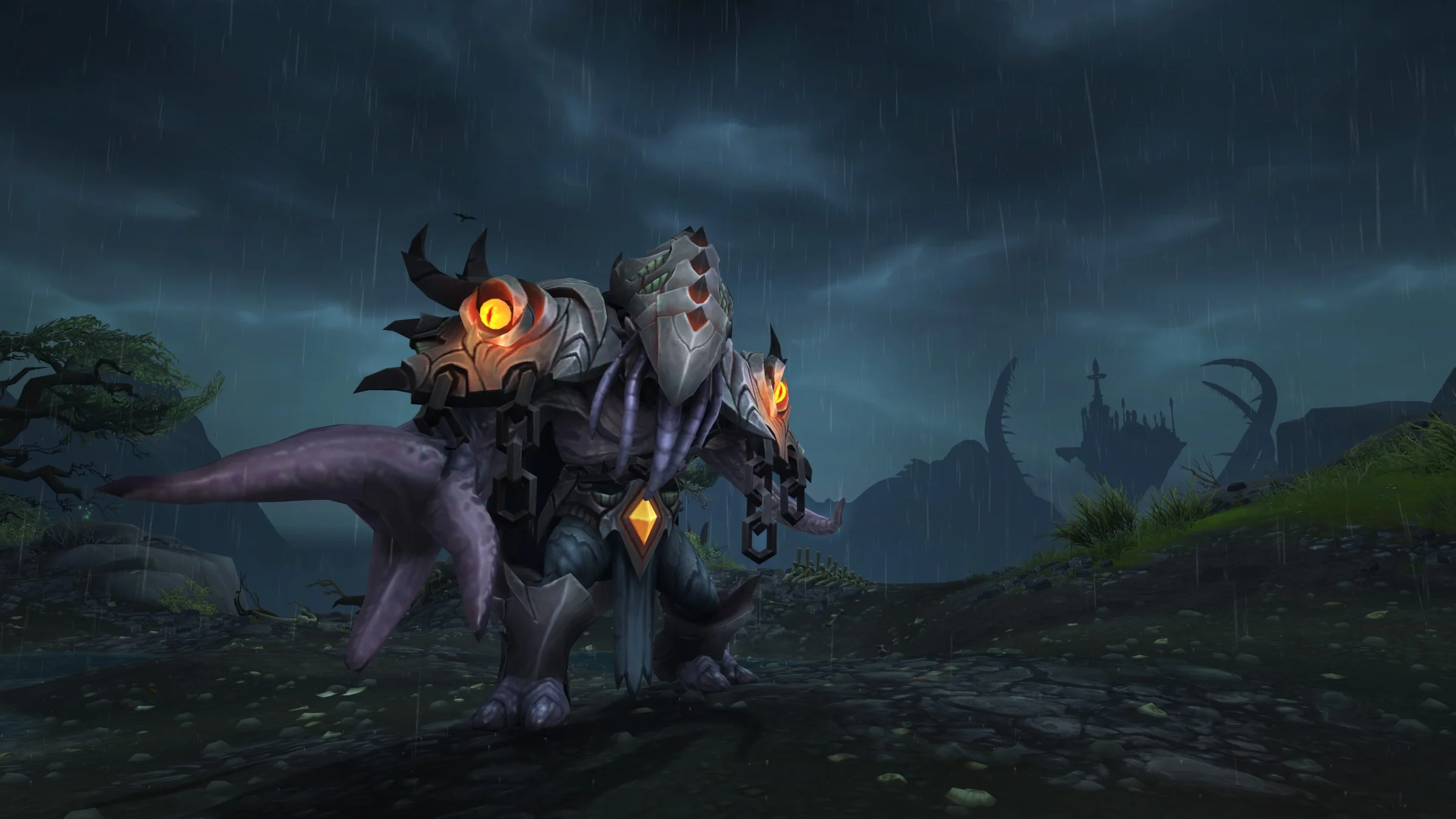 A player rides the armored Shadowbound Storybook mount through a rainy World of Warcraft landscape.